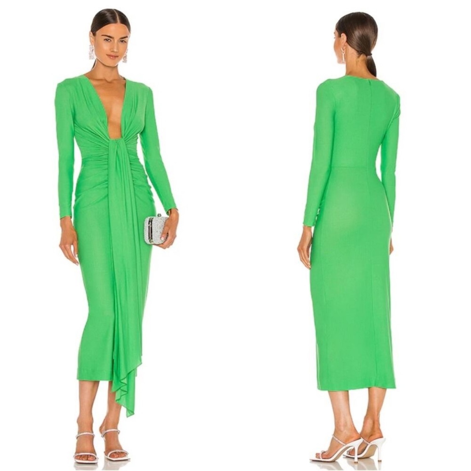 Solace London Bright Green Lorena Draped Front Deep V Midi Dress Size 0