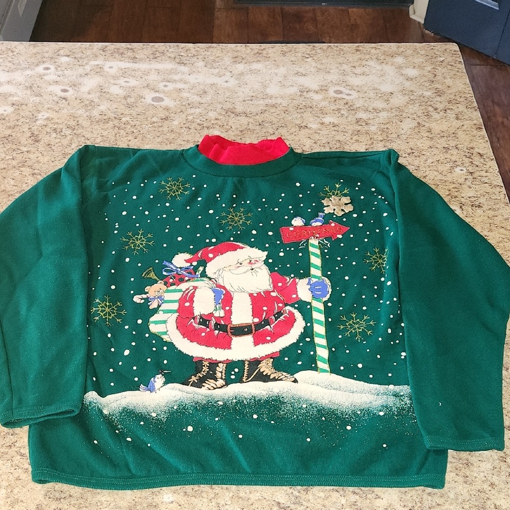 Vintage 90's Basic Editions Christmas Santa Pullover Long Sleeve Green Sweater