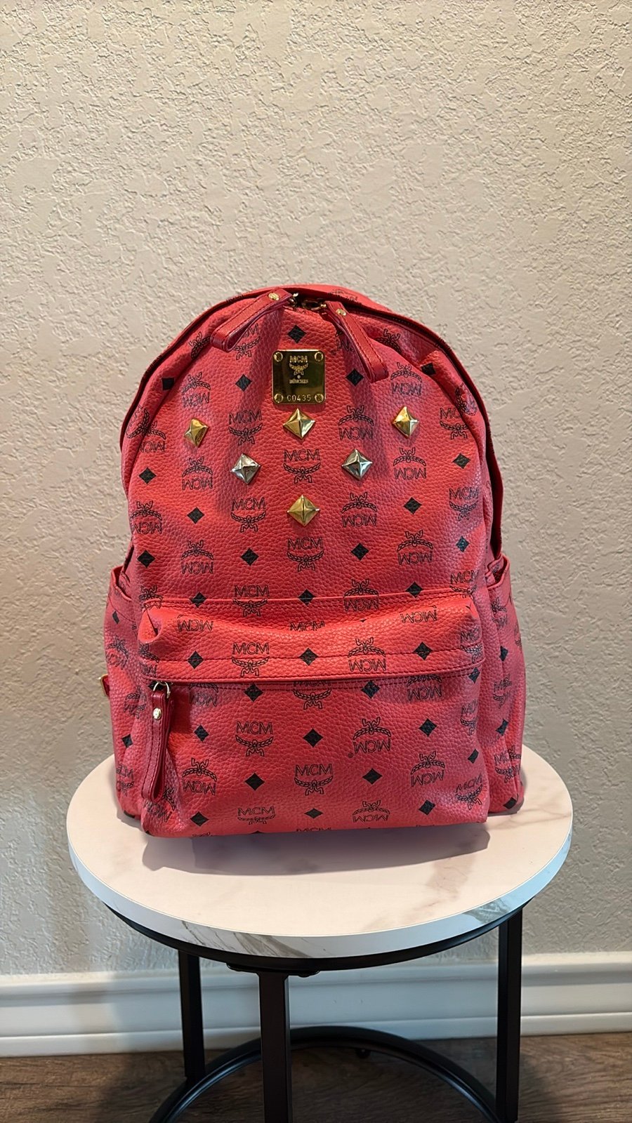 MCM Large Red Visetos Studded Backpack