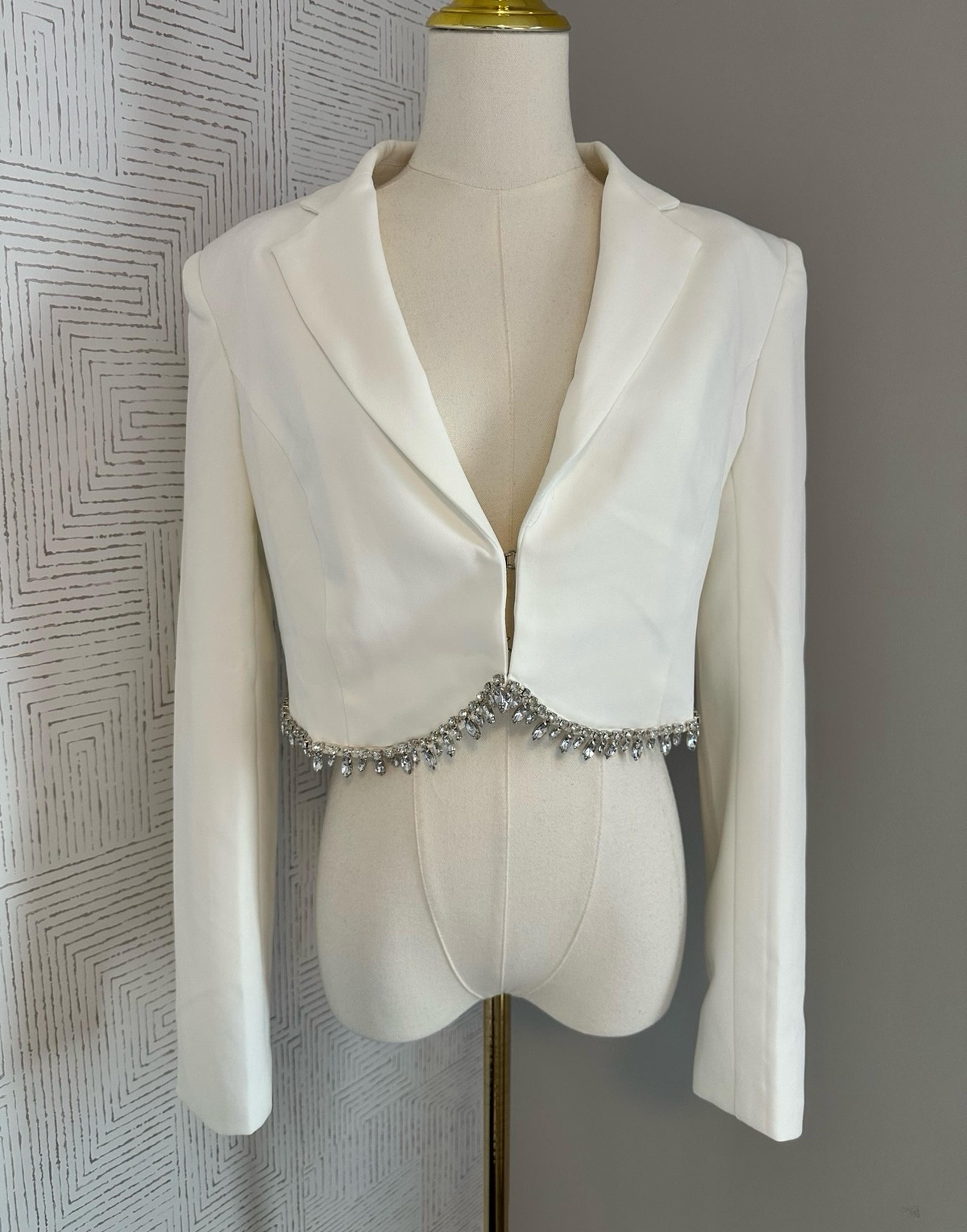 White Crop Top Blazer with Rhinestone Detailing