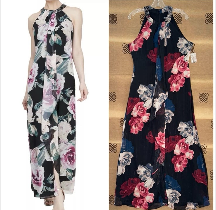 SLNY NWT! Women's Black Floral Halter Formal Maxi Chiffon Dress Gown Size 8