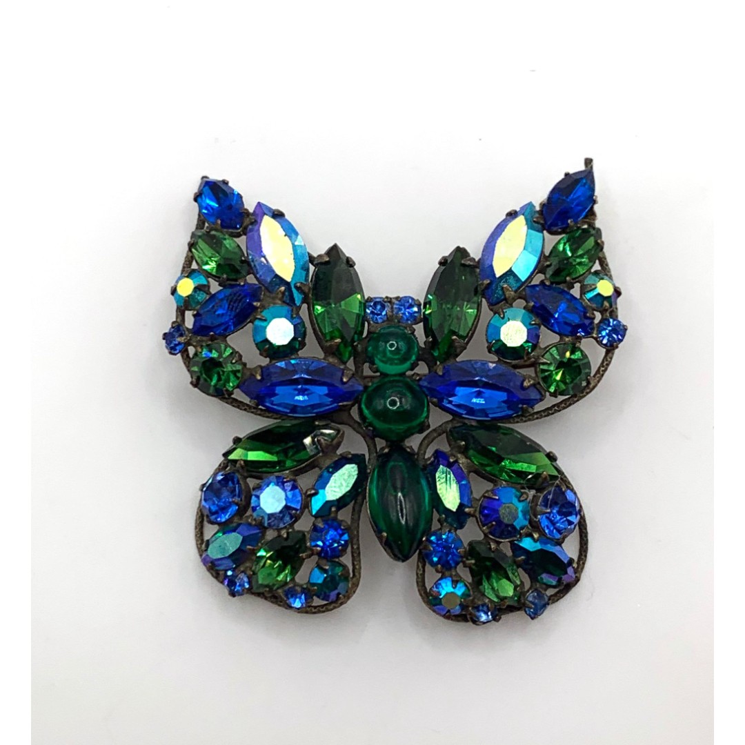 Vintage Large regency Signed dark Green and Blue butterfly brooch rhinestone