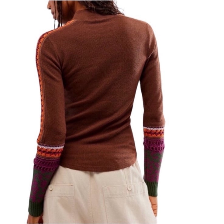 Free People XSmall Top Switch It Up brown thermal crochet animal print mock neck