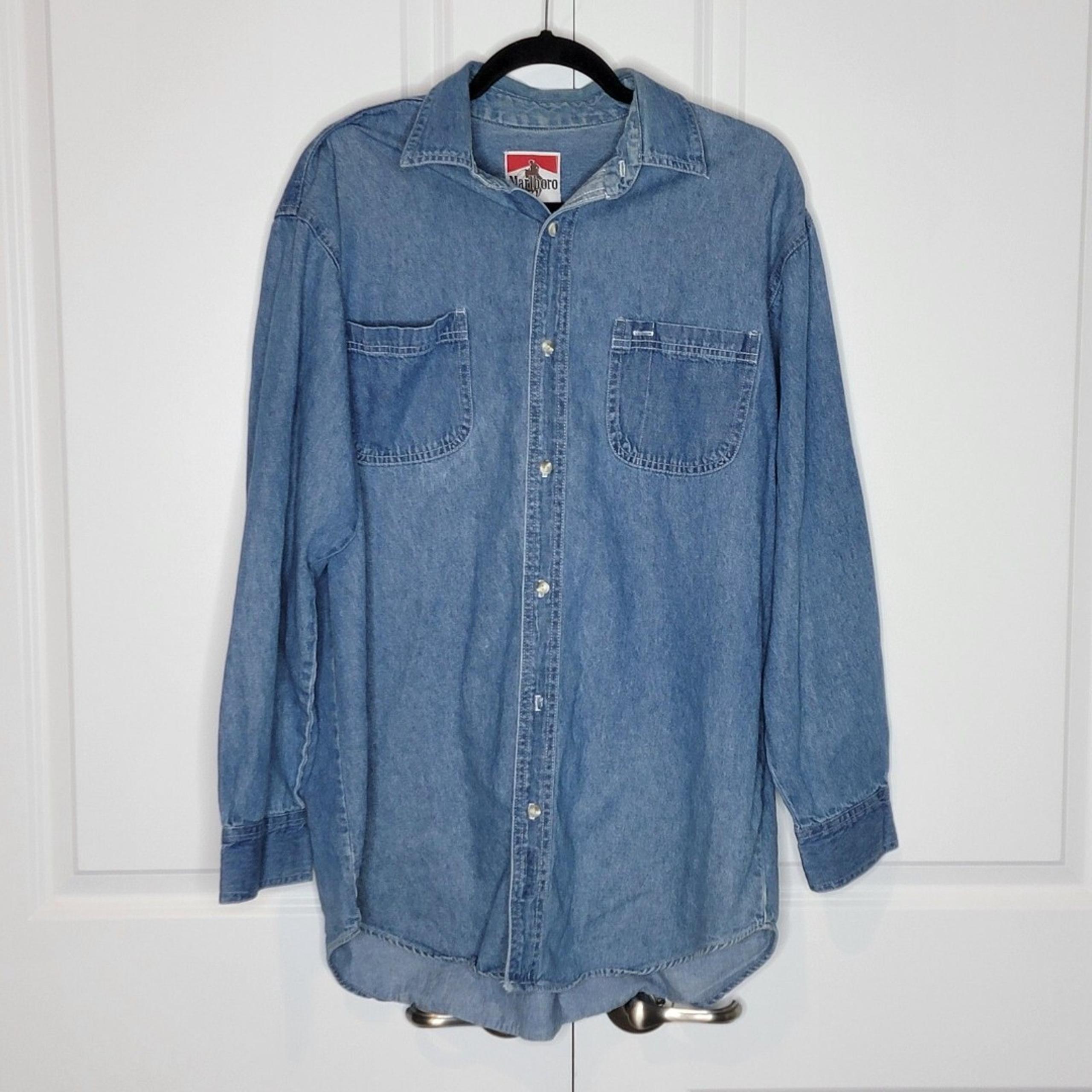 VTG Marlboro Long Sleeve Button Up Denim Shirt Men's Lg Blue Cotton Smoking 90s