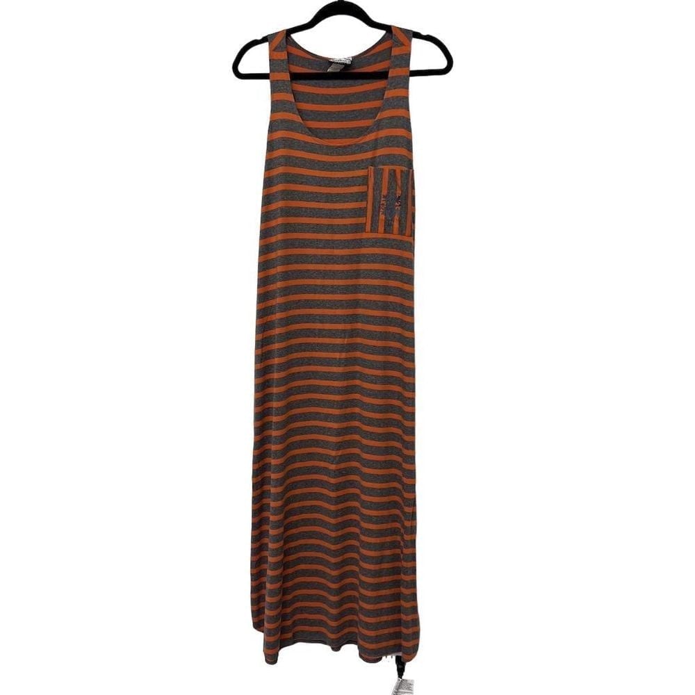 Manuheali'i Womens Striped Maxi Dress Medium Orange Gray Sleeveless Casual Cott