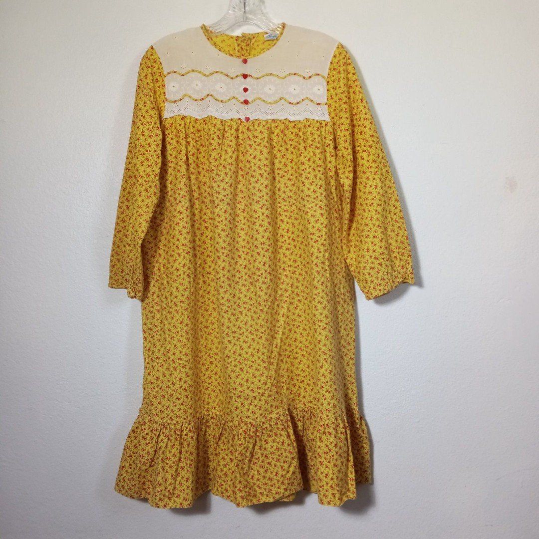 VTG Jeri Morton 60s Prairie Nightie Yellow Red Floral Ruffle Cottage Eyelet M