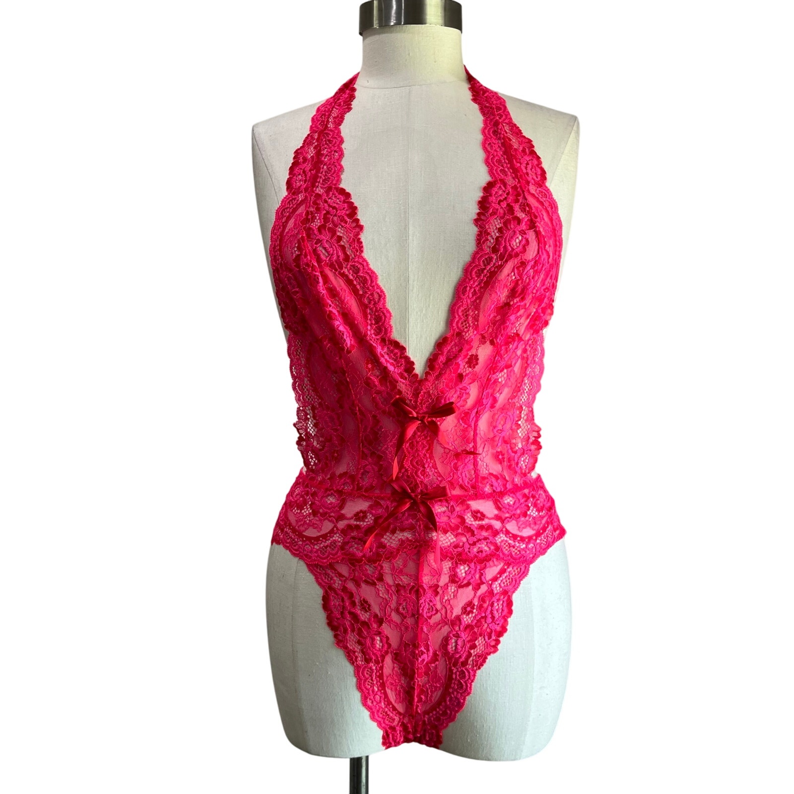 Victoria Secret Hot Pink Sheer Lace Halter Deep V Neck Teddy Size M