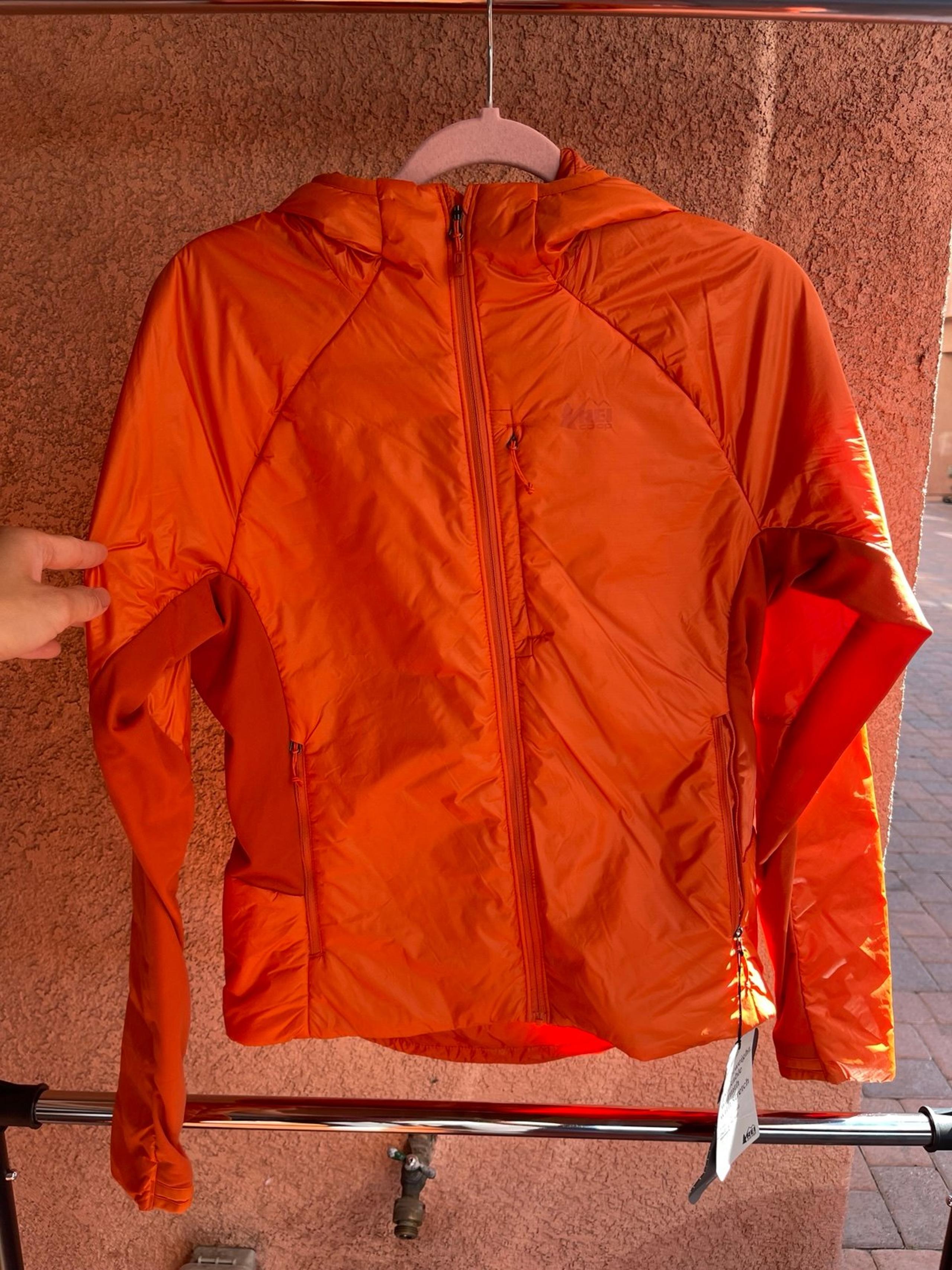 REI women's flash insulated hybird hoodie orange calcite hooded puffy jacket