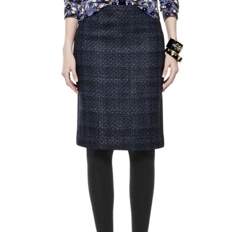 Tory Burch Drew Glazed Tweed Shimmer Pencil Skirt Navy Blue Size 8