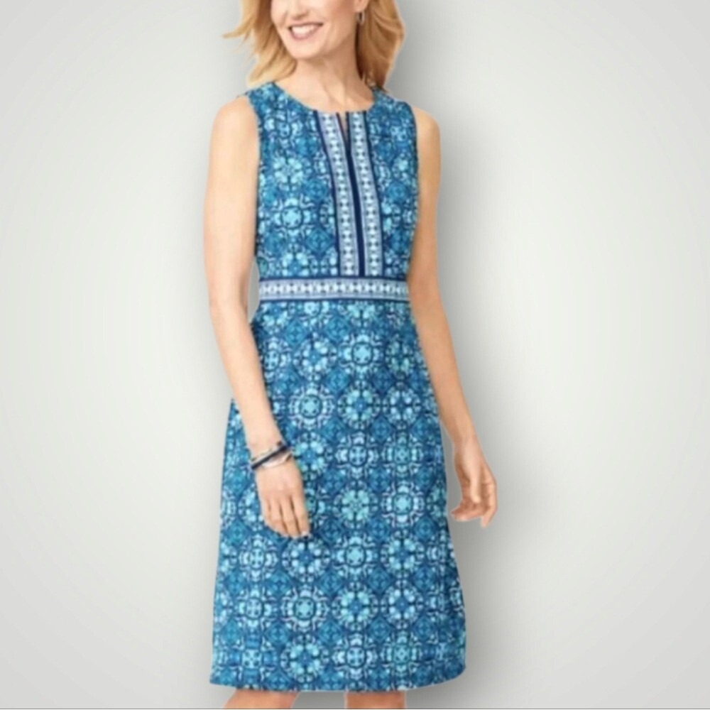 Talbots XS Sleeveless Mosaic Print A-Line Dress Navy Teal Floral Stretch New