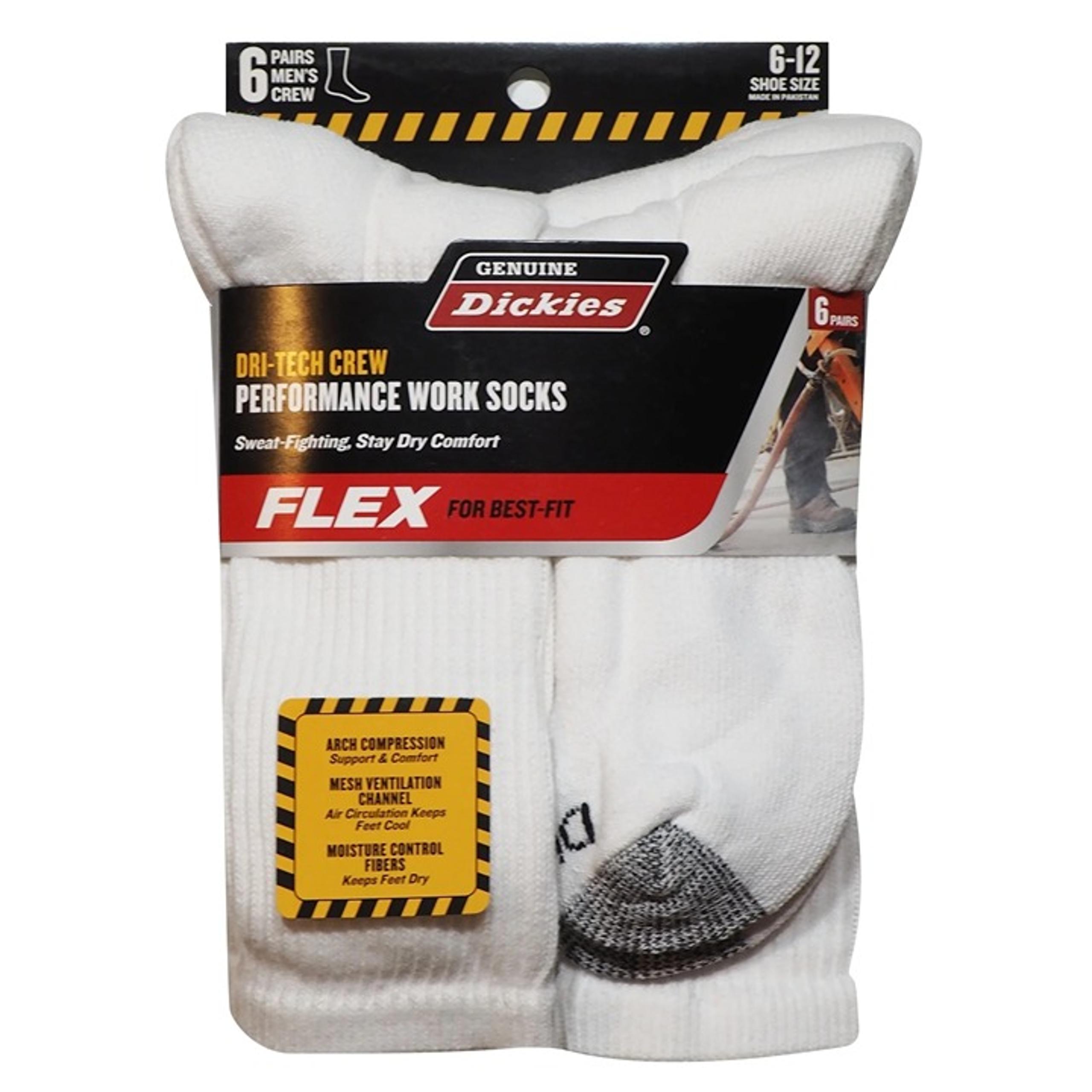Dickies Men's Dri-Tech Crew Sock, 6 Pack, Solid White Sizes 6-12