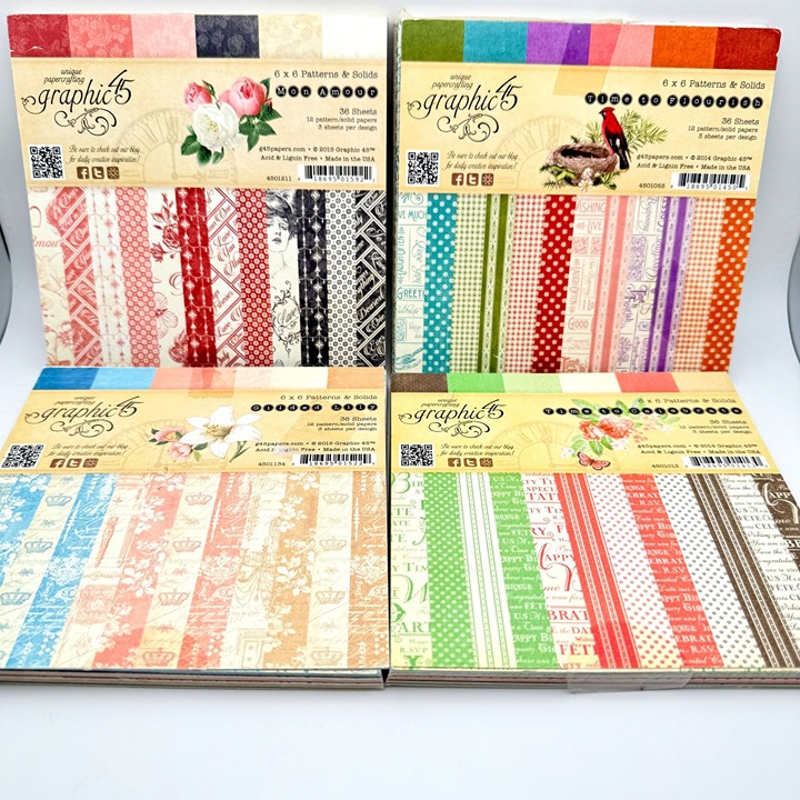 Graphic 45 Lot of 4 6x6 Paper Pads 144 Sheets Patterns & Solids Retired