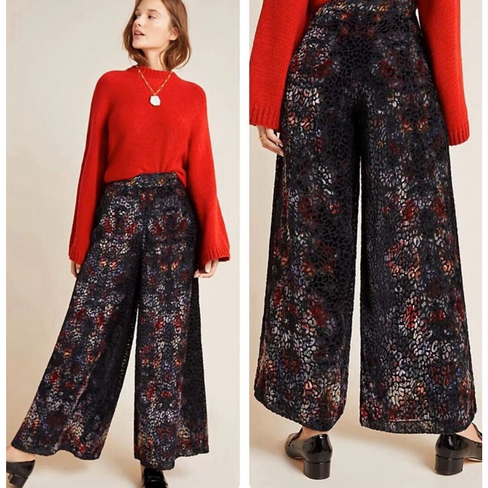 Anthropologie Kachel Women's Size 6 Leopard Velvet Burnout Wide Leg Print Pants