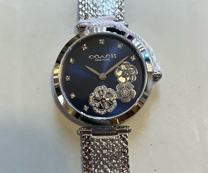 Coach Park Carnation Watch With 34mm NavyBlue Floral Face & Silver MeshBracelet