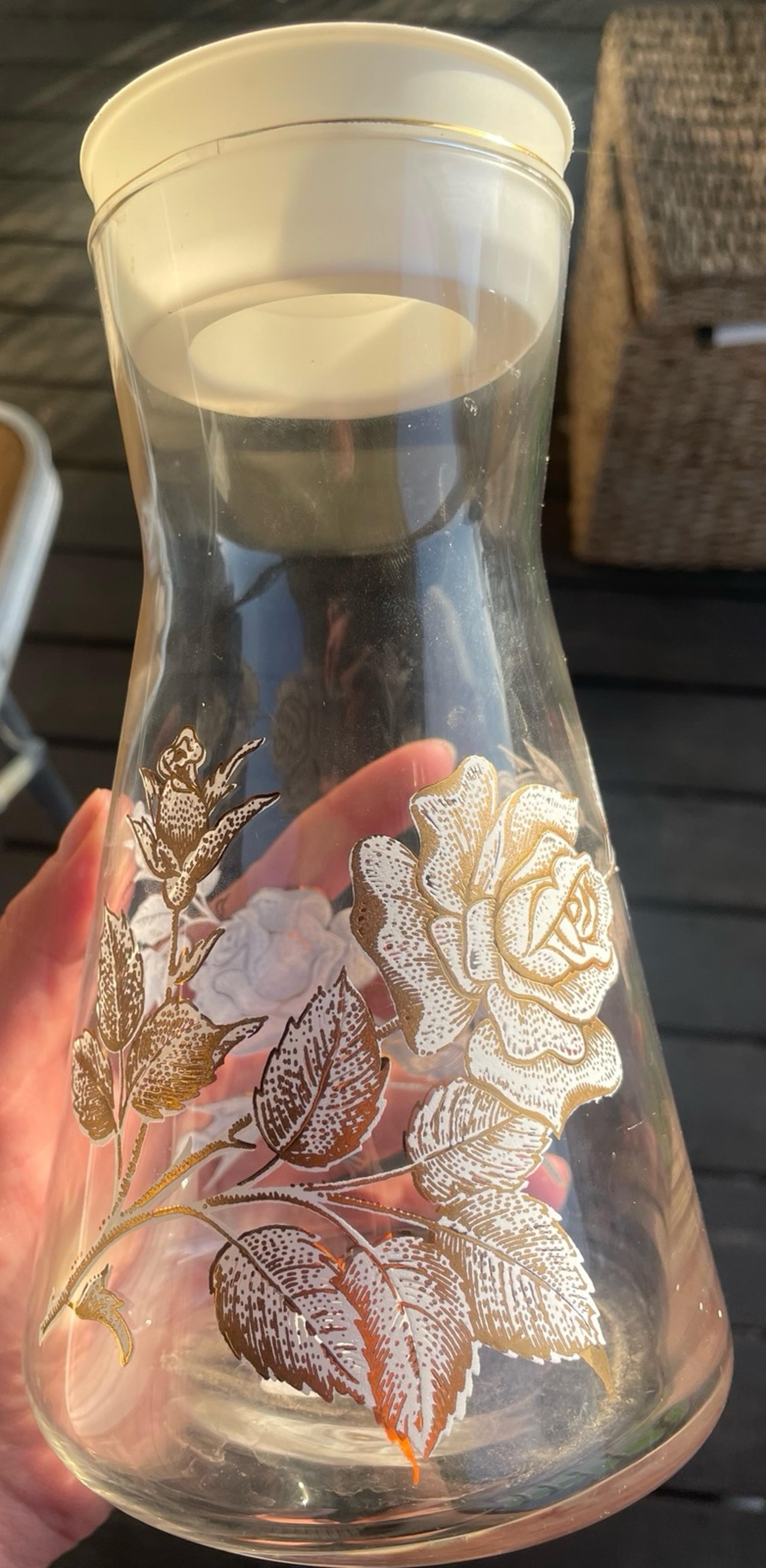Libbey Glass Company Vintage 1963 Glass Juice Carafe  White & Gold Rose w/ Trim
