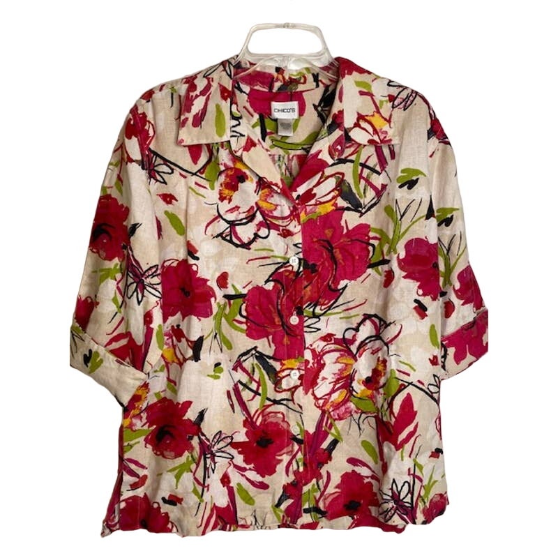Chico's Floral Summer Blouse or Jacket Size 2 (US 12-14) 100% Washable Linen