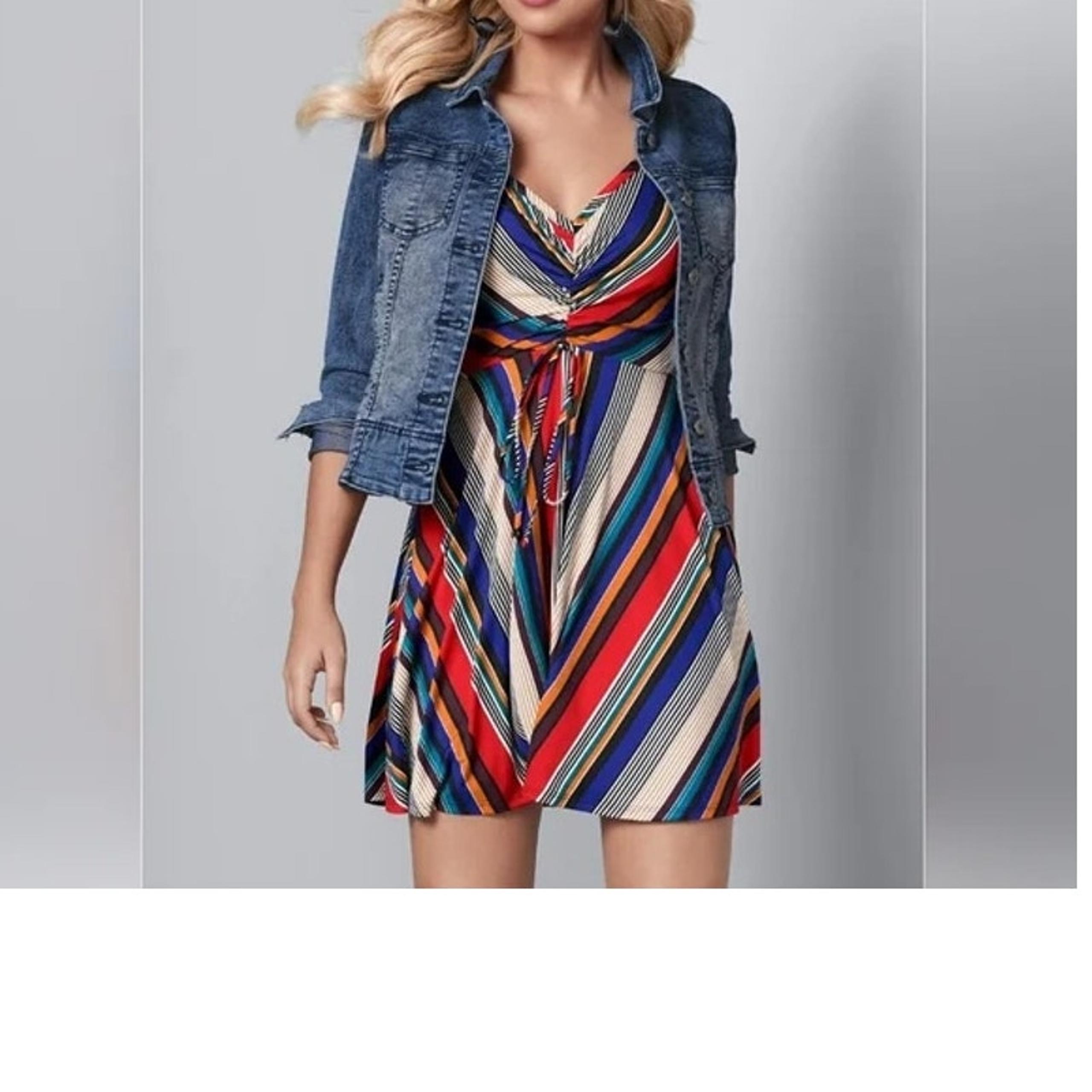 Venus Multicolor Striped Sleeveless Self Tie Waist Sundress Short Dress Size S