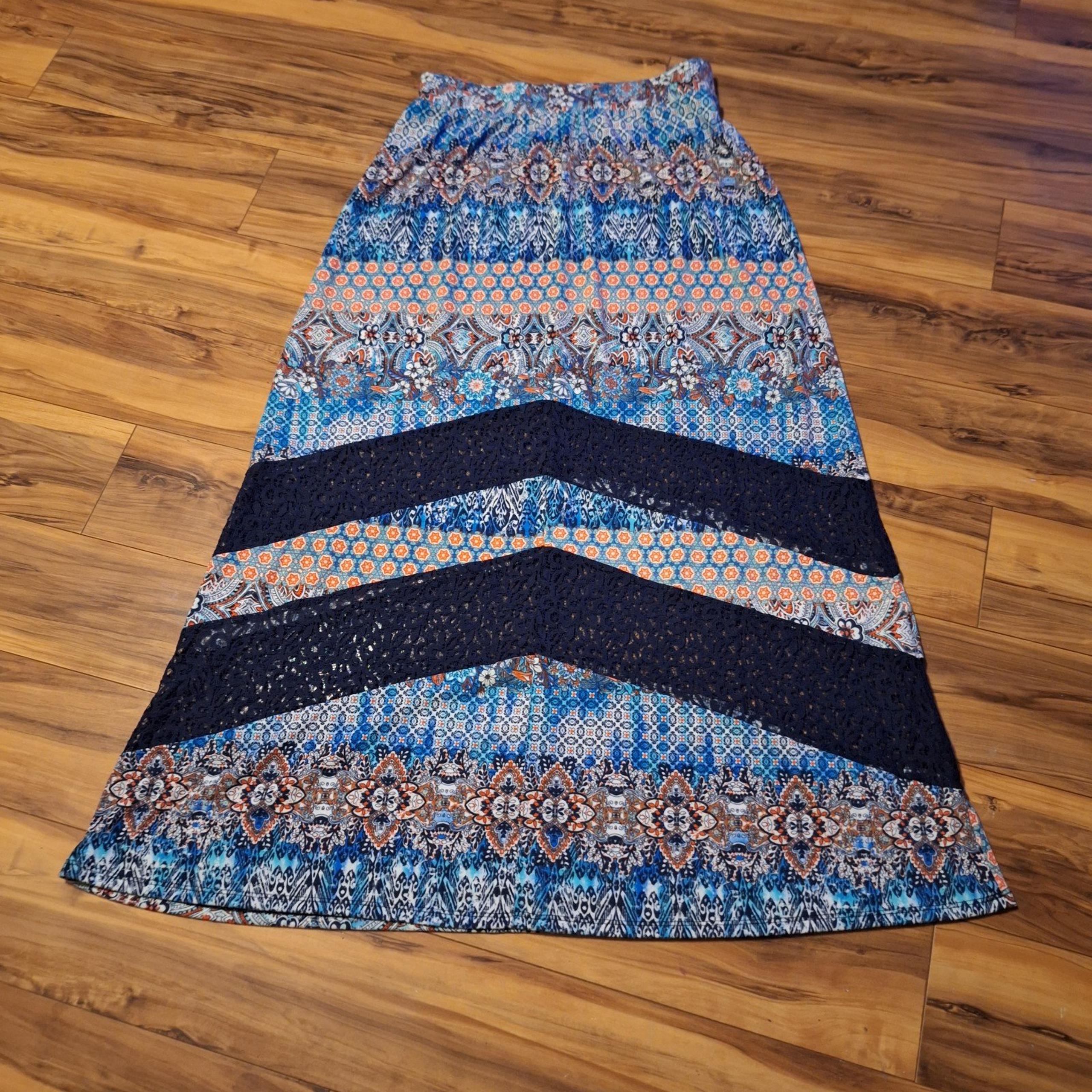 Vtg Womens L maxi skirt floral lace long cottagecore boho Hippie pull on