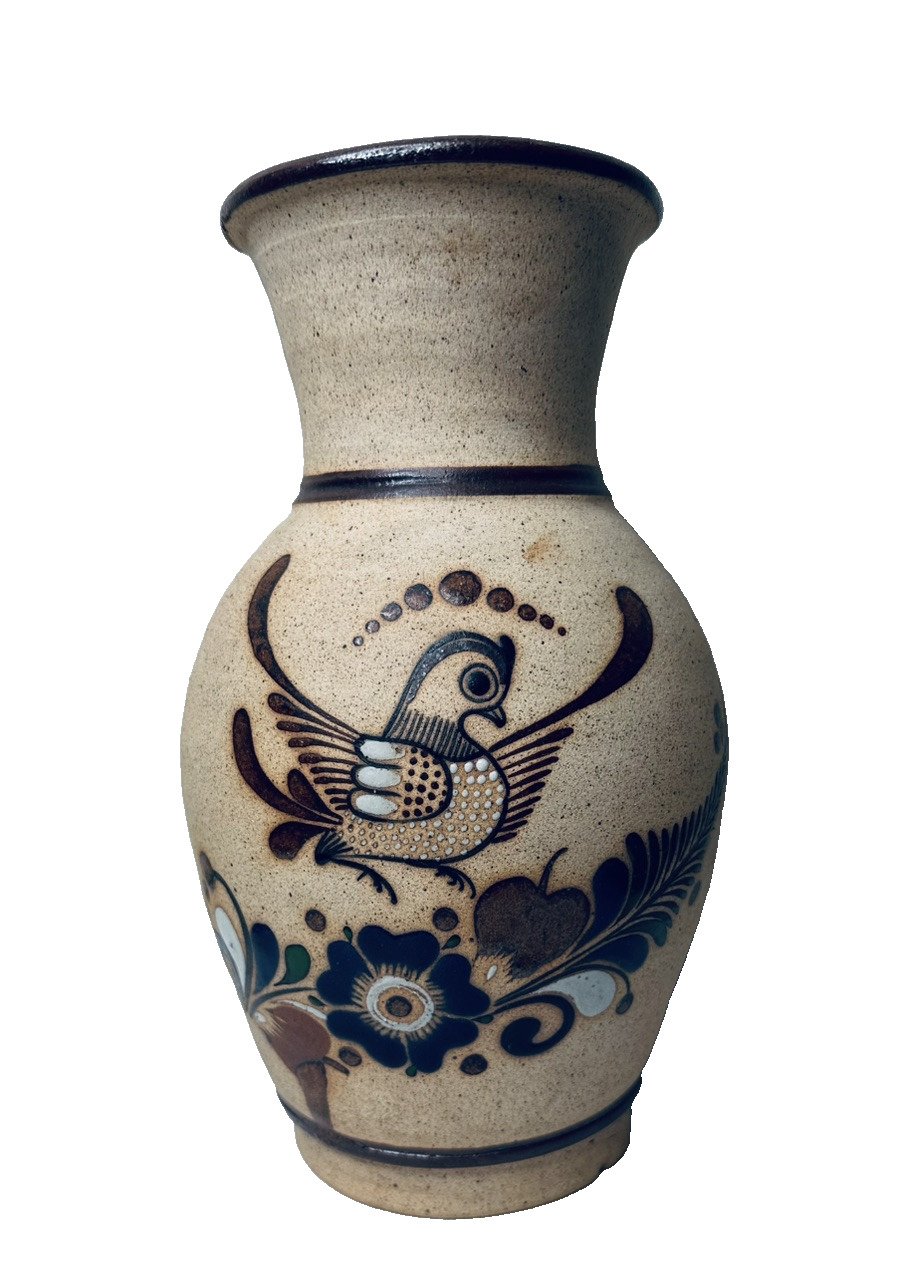 Vintage Tonala Mexican Vase Hand Painted Bird Floral Pottery Signed 10”
