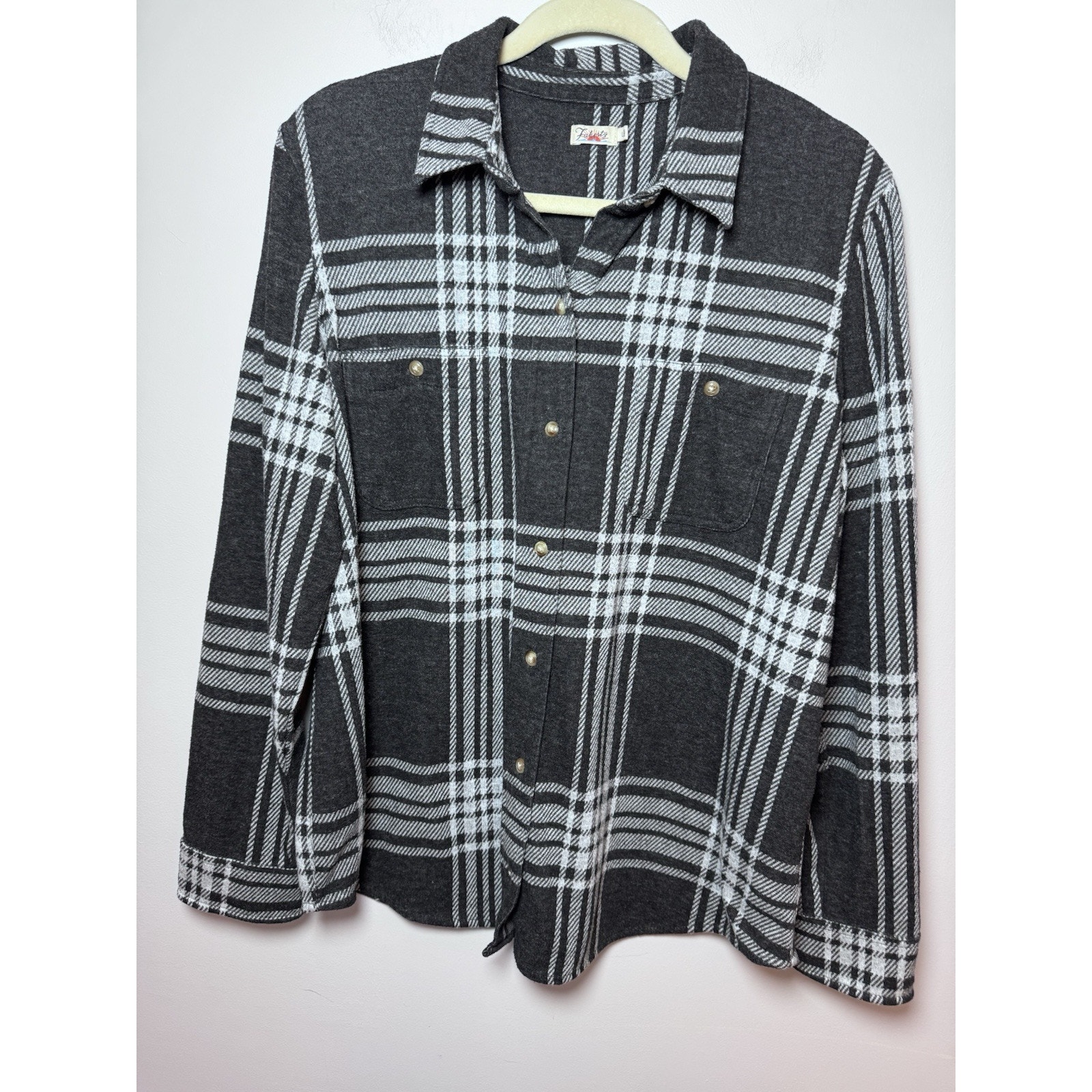 Faherty Women’s Legend Sweater Shirt Charcoal Bone Plaid Flannel Button L 178