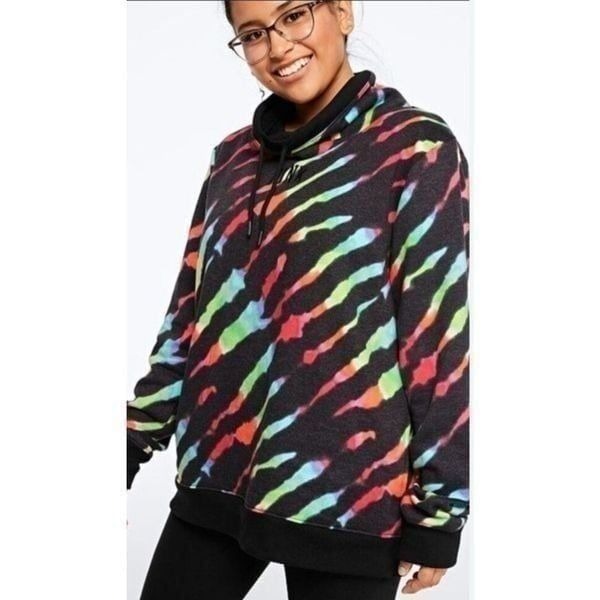 VS Pink rainbow zebra pullover cowl neck Sherpa lined size large /L
