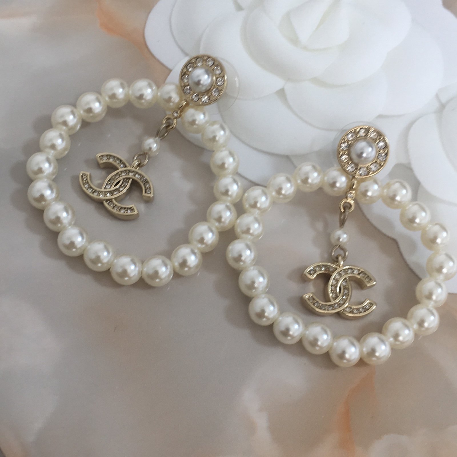 Women's Crystal CC Chanel Faux Pearl Dangle Earrings
