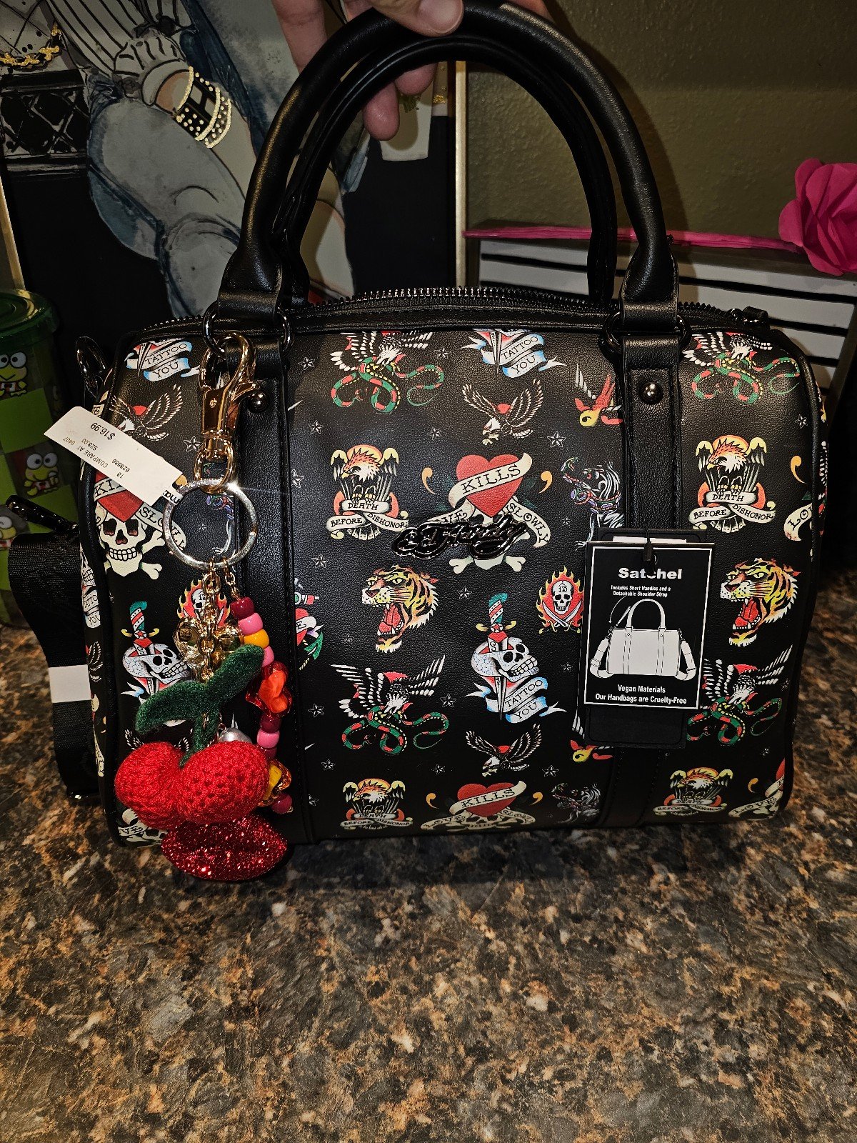 Black Ed Hardy satchel with shoulder straps zipper accents