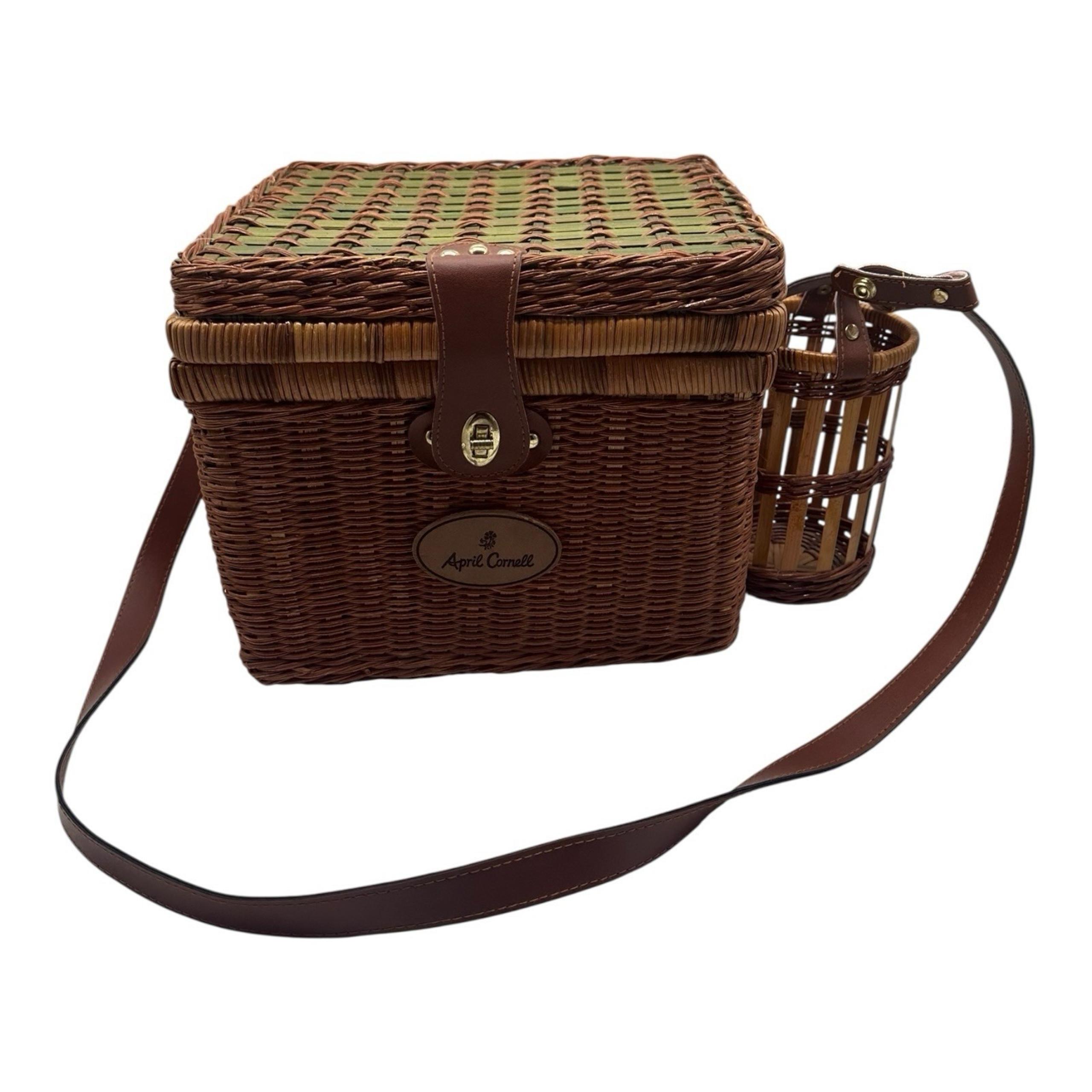 April Cornell Vintage Style Wicker Picnic Basket w/ Utensils & Glasses