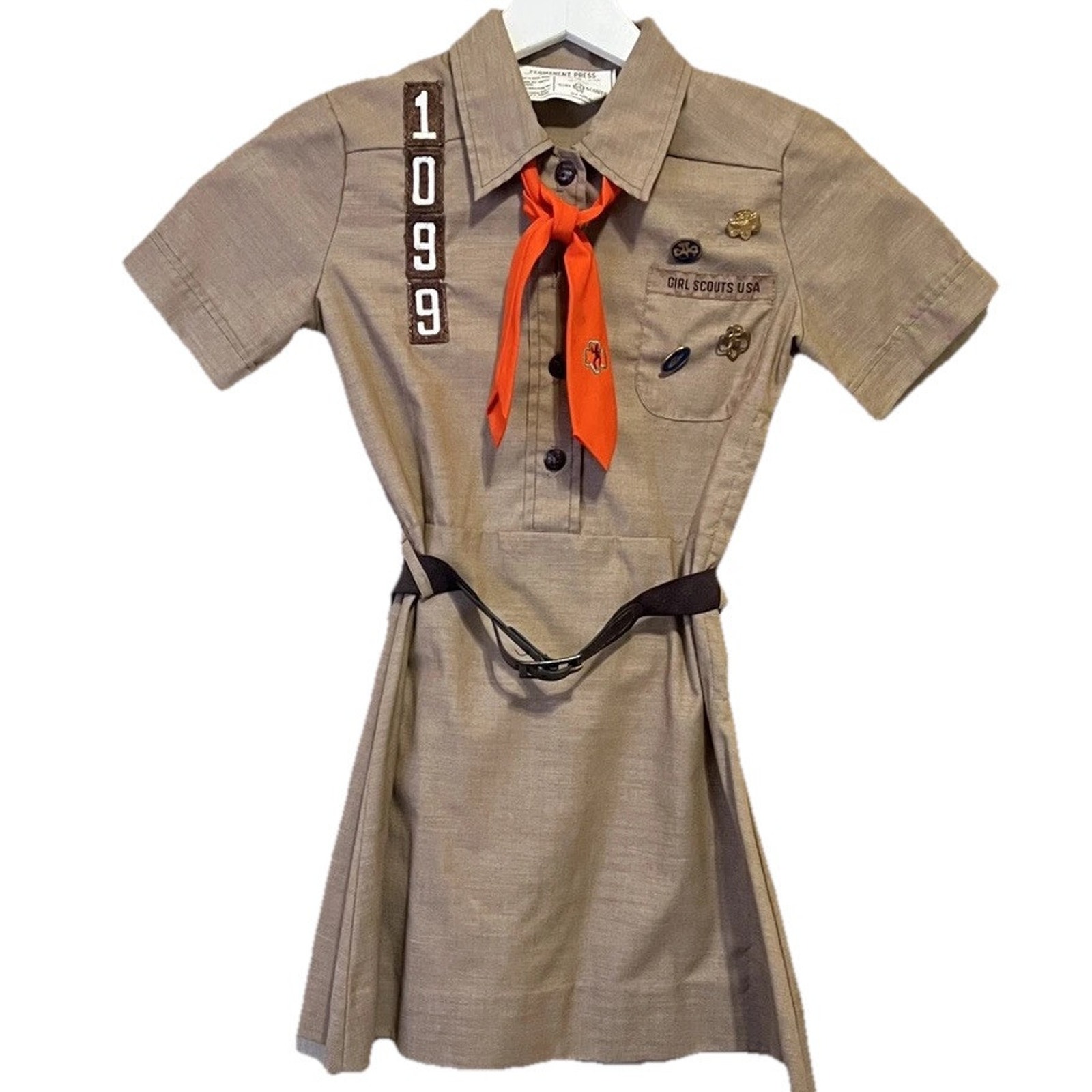 Vintage 60s Brownie Girl Scouts Tan Dress Tie Belt Size 5 And Pins Patches