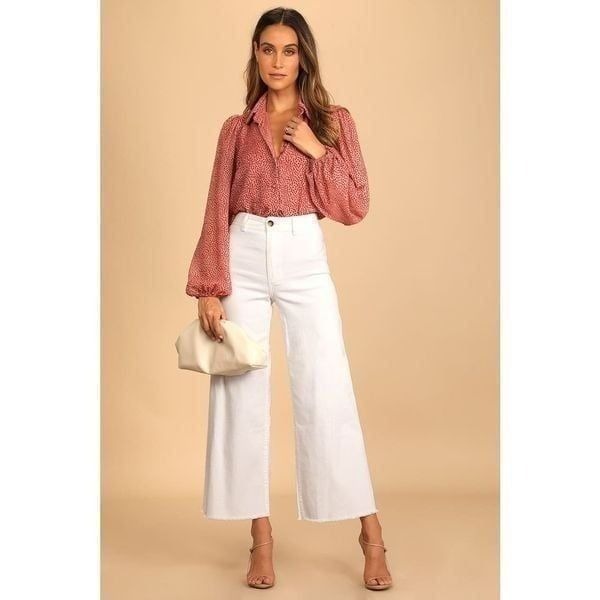 Womens Lulus Positive Influences Blush Pink Dotted Long Sleeve Button-Up Top - X