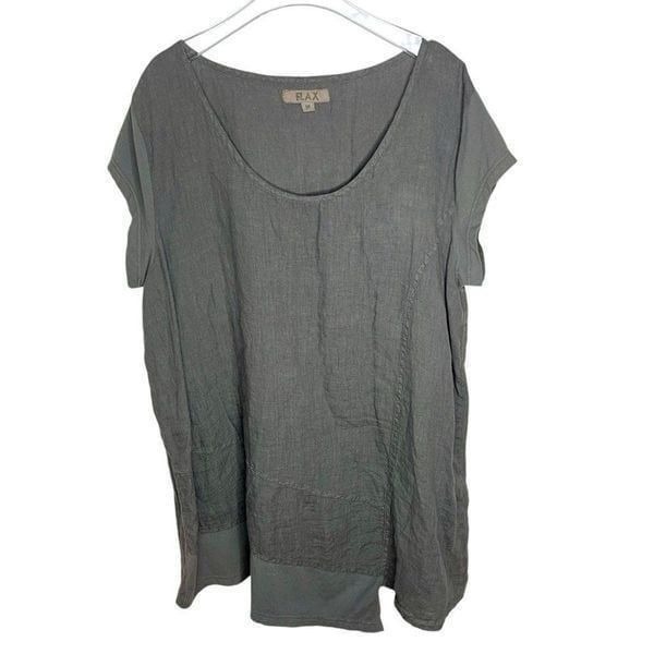 FLAX Gray 100% Linen Lightweight Relaxed Fit Short Sleeve Lagenlook Top Size M