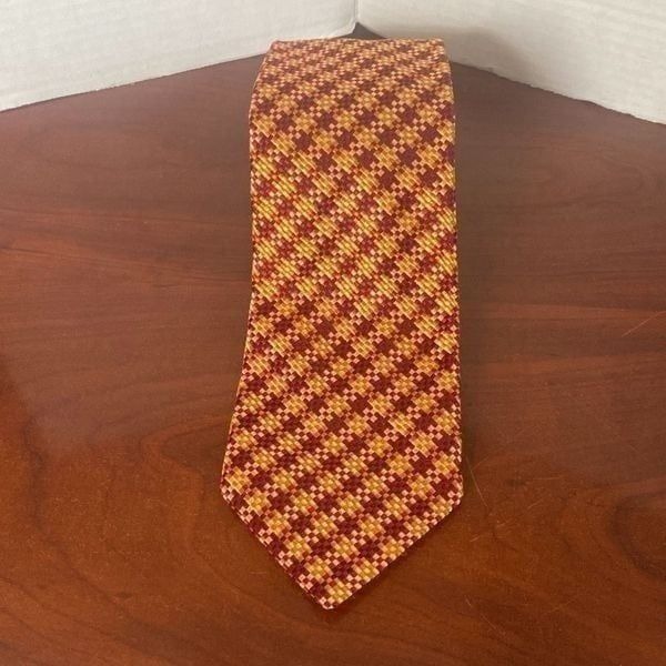 Salvatore Ferragamo 100% Silk Mini Checkered Gold Yellow Tie Made In Italy