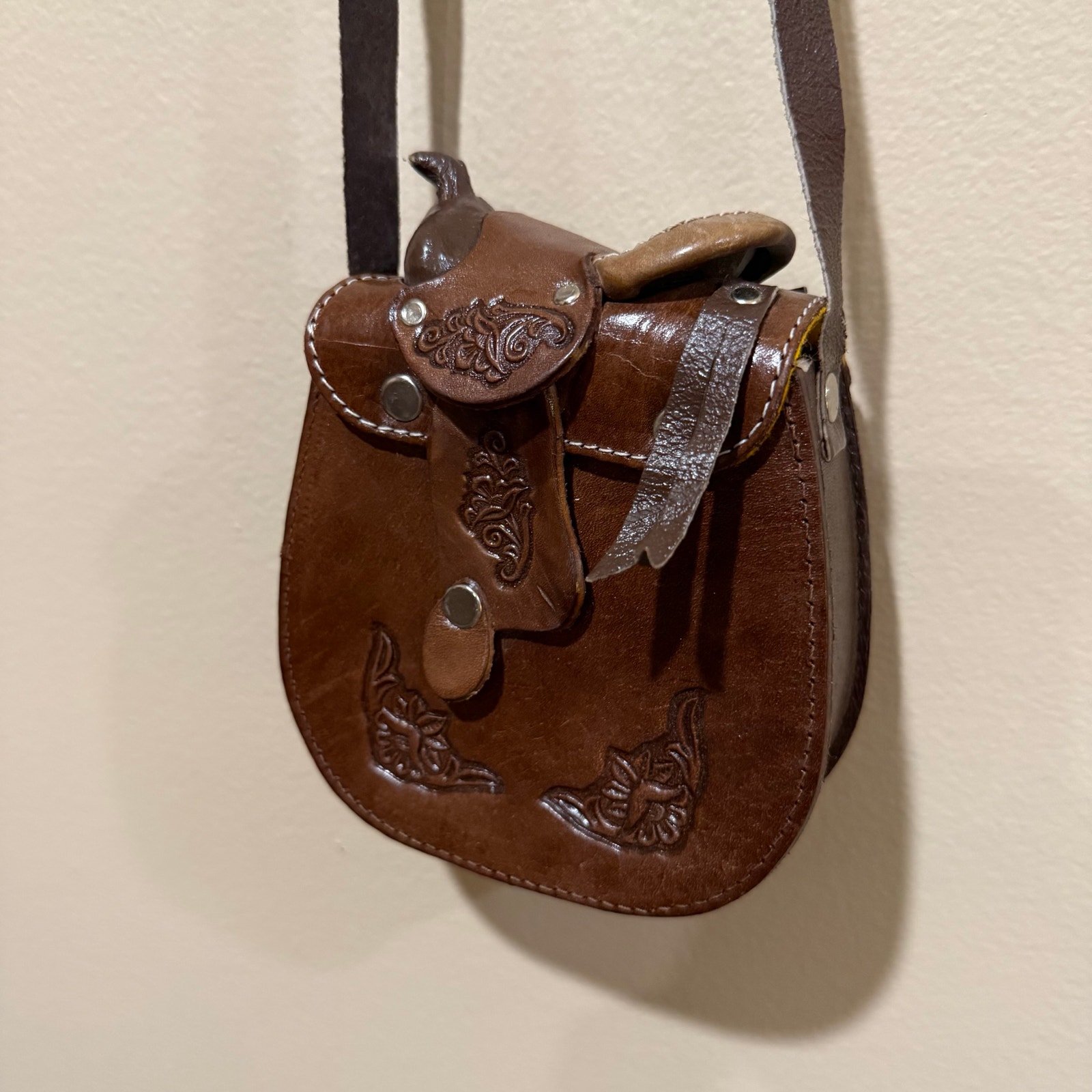 Vintage Tooled Leather Saddle Purse Mini Brown Horse Cowgirl Western