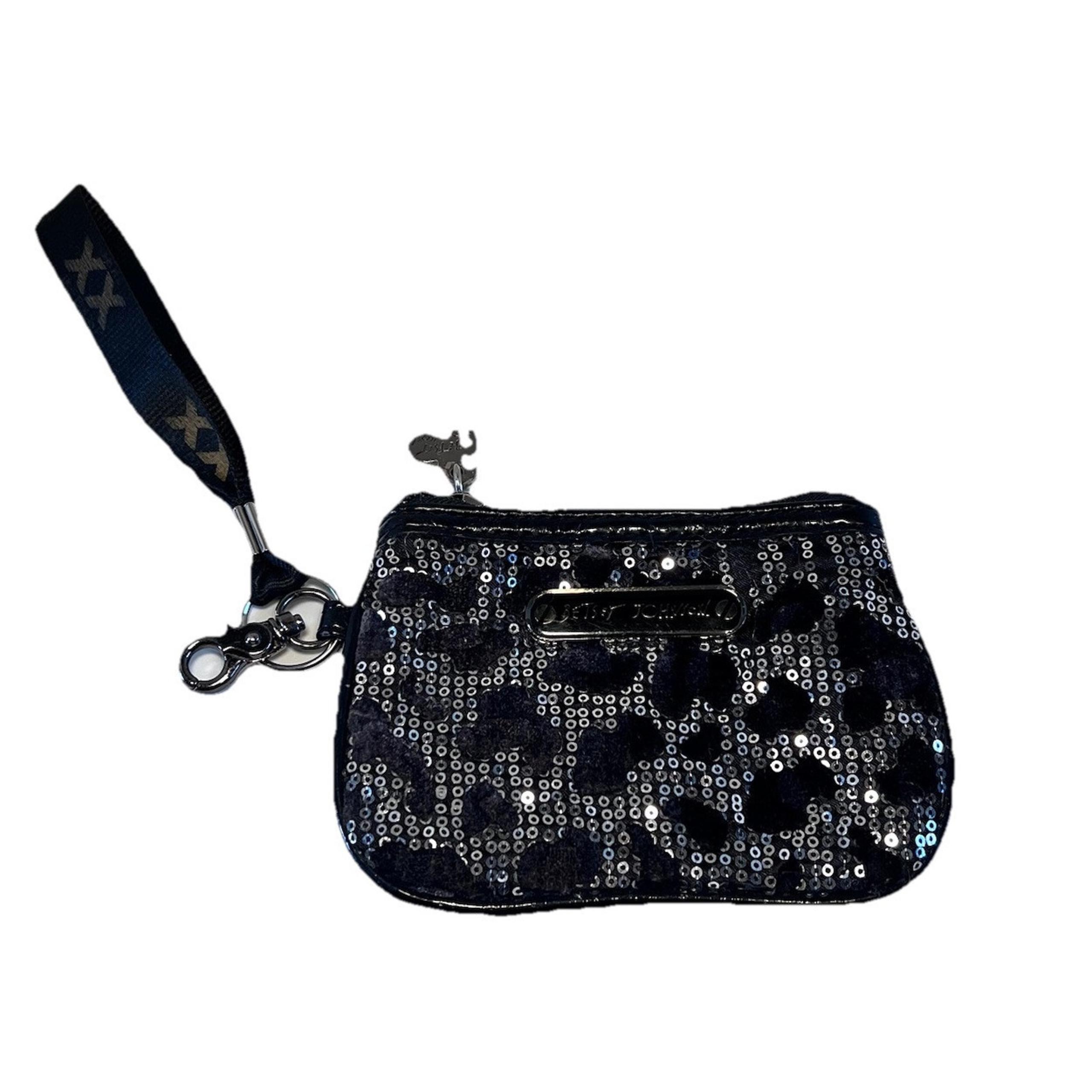 Betsey Johnson Zip Purse Clutch Bag Black Wristlet Sequins