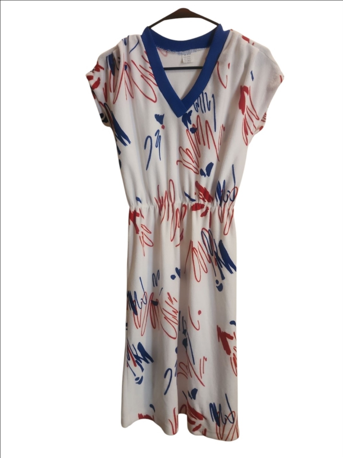 Vintage Terry Cloth Abstract Dress White Red Blue V-neck 1979s/1980s *RARE*