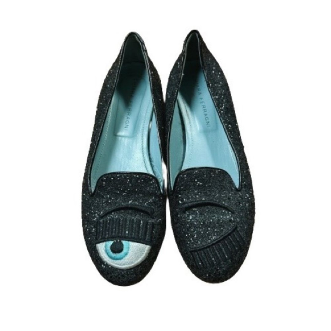 Chiara Ferragni Black Sparkle Glitter Argento Flirty Winking Eyes Loafer EU 38