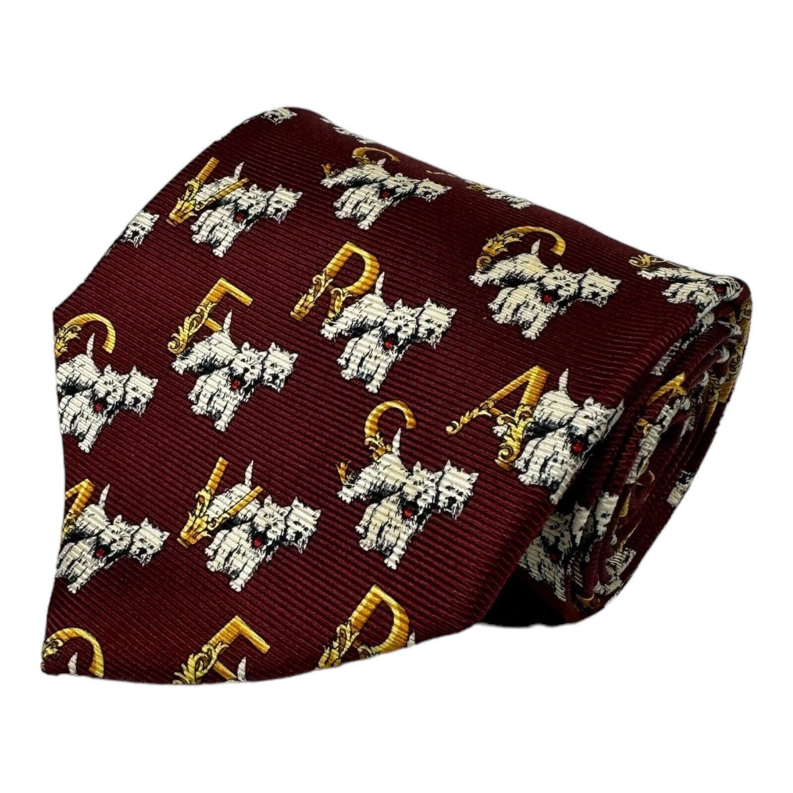 Gianni Versace VTG Red Spellout Terrier Print Silk Tie 3.75 Inch Width