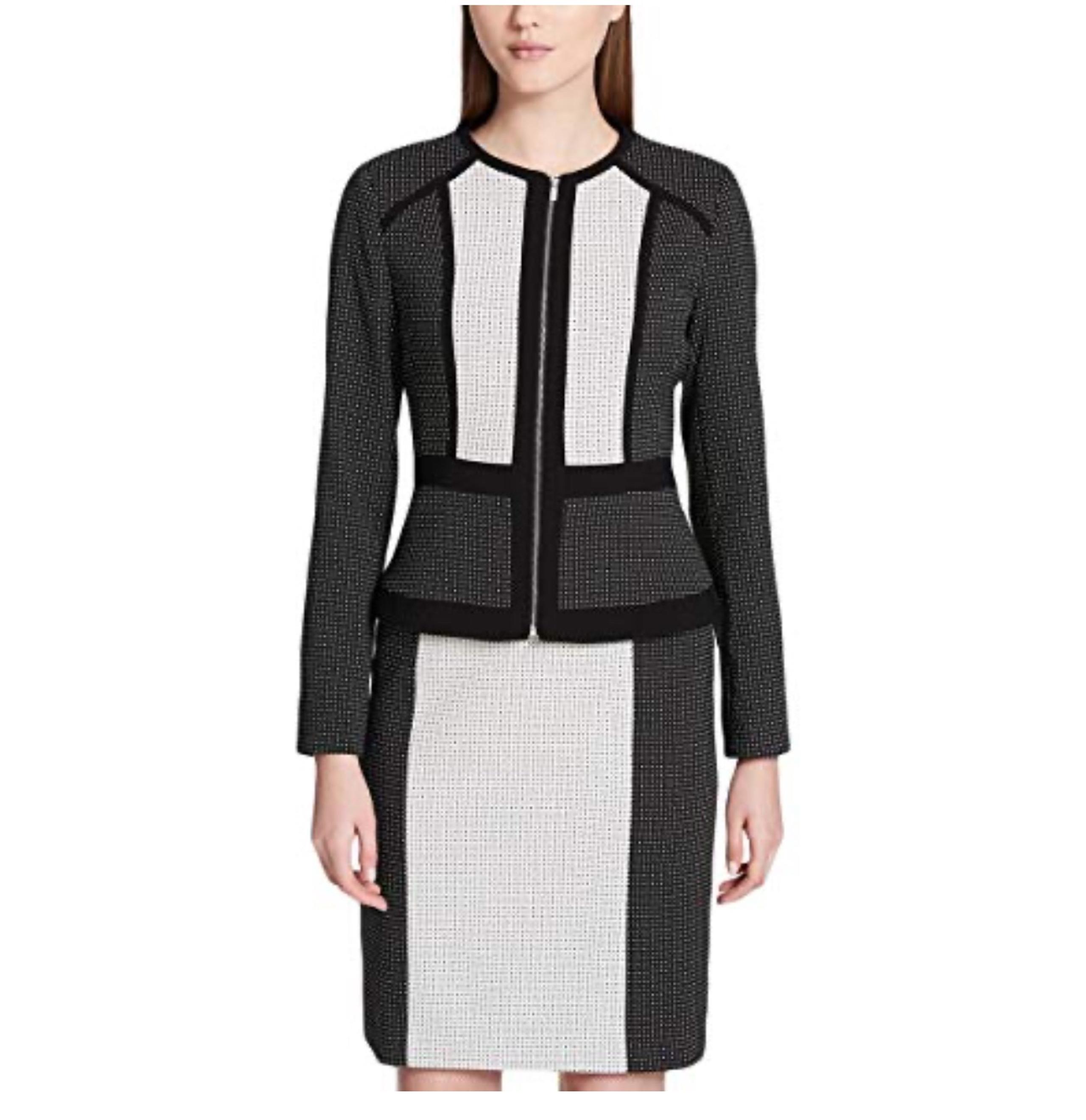 Calvin Klein Women’s Zip Up Black & White Blazer Jacket Size 10 Preppy Classy