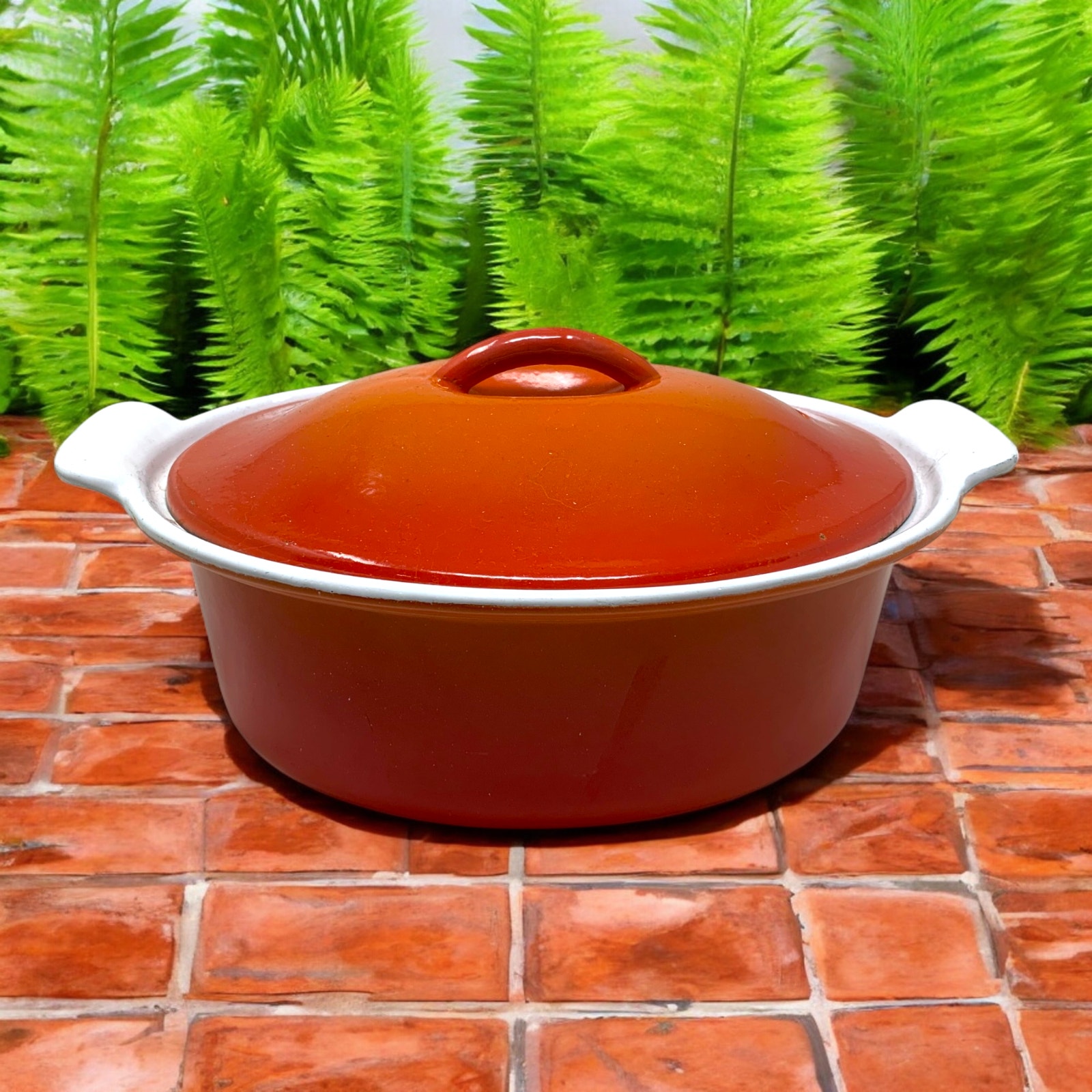 Vintage MCM Descoware Cast Iron Enamel Dutch Oven Belgium Flame Orange Oval 8