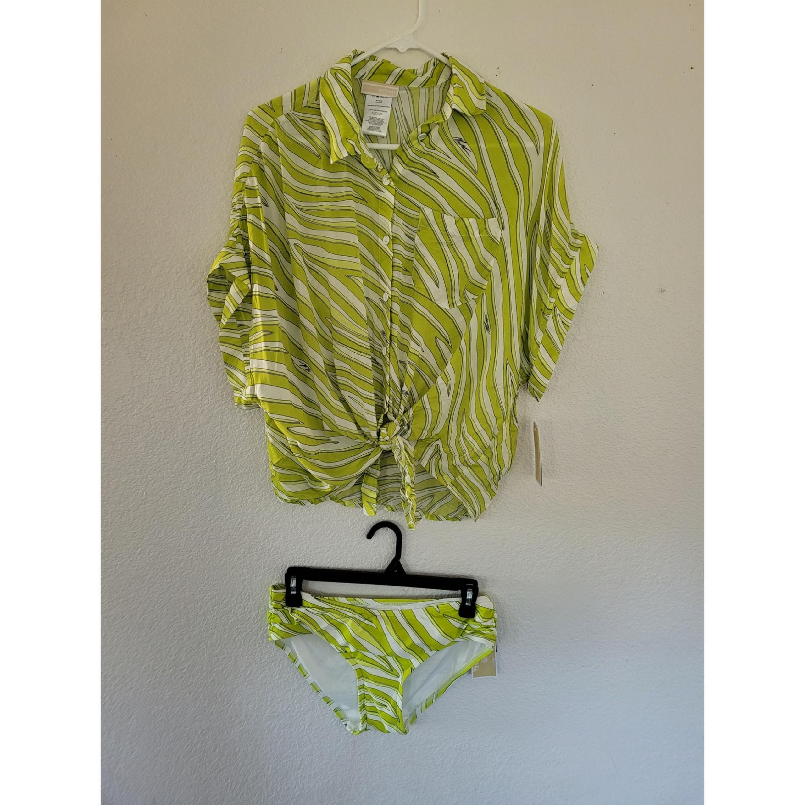 Michael Kors Limeade Button Down Coverup and Bikini Striped Bottom S #17