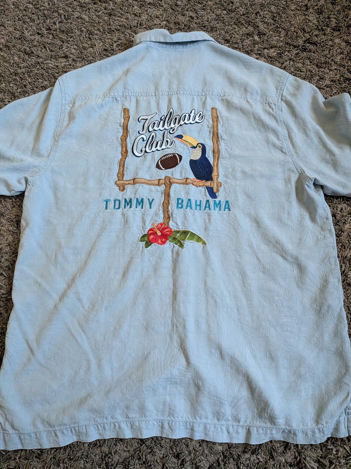 Tommy Bahama Tailgate Club Football Blue 100% Silk SS Button Shirt Men's M