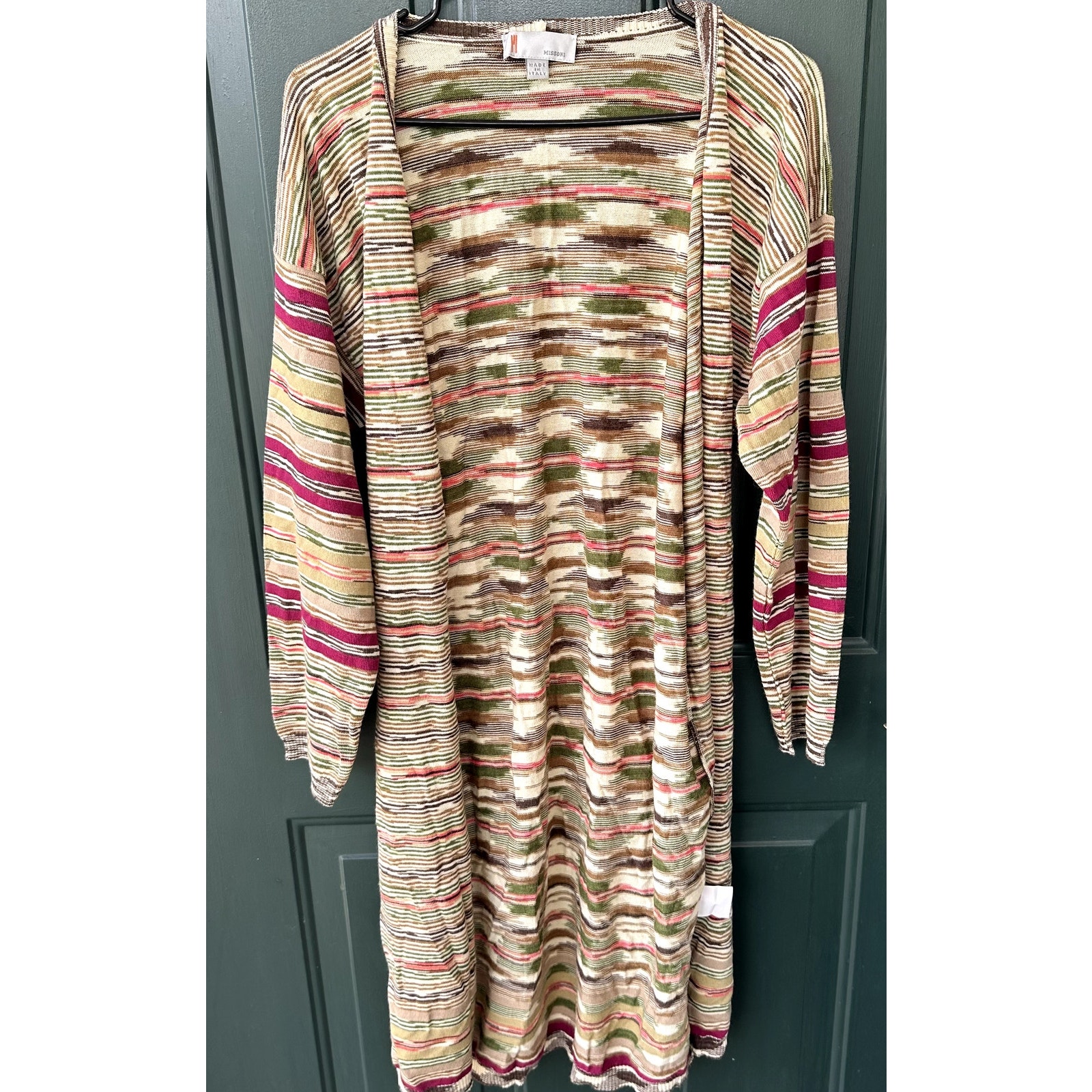 M Missoni 100% Wool Long Belted Striped Cardigan, Size 6