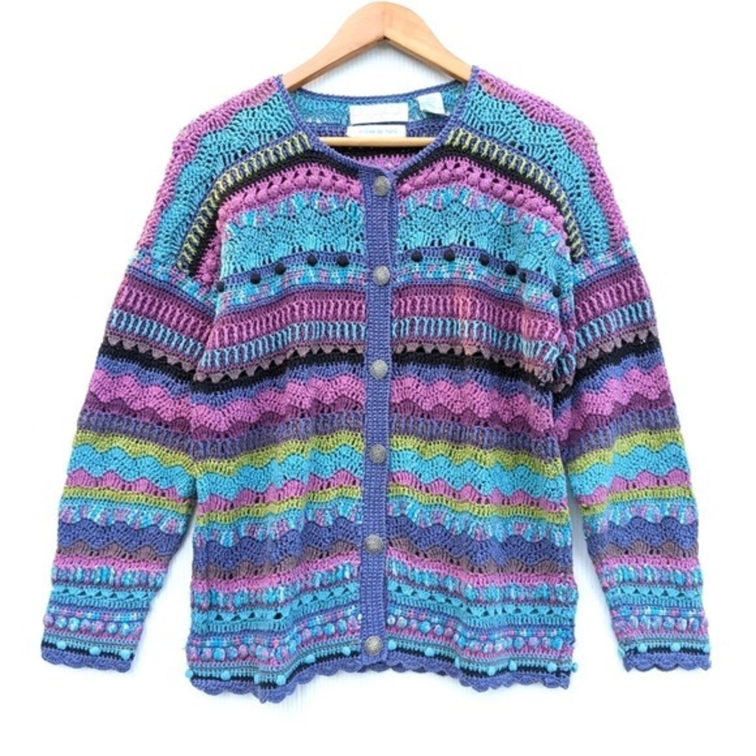 VINTAGE 90s Y2K hand knit colorful grannycore cardigan sweater funky