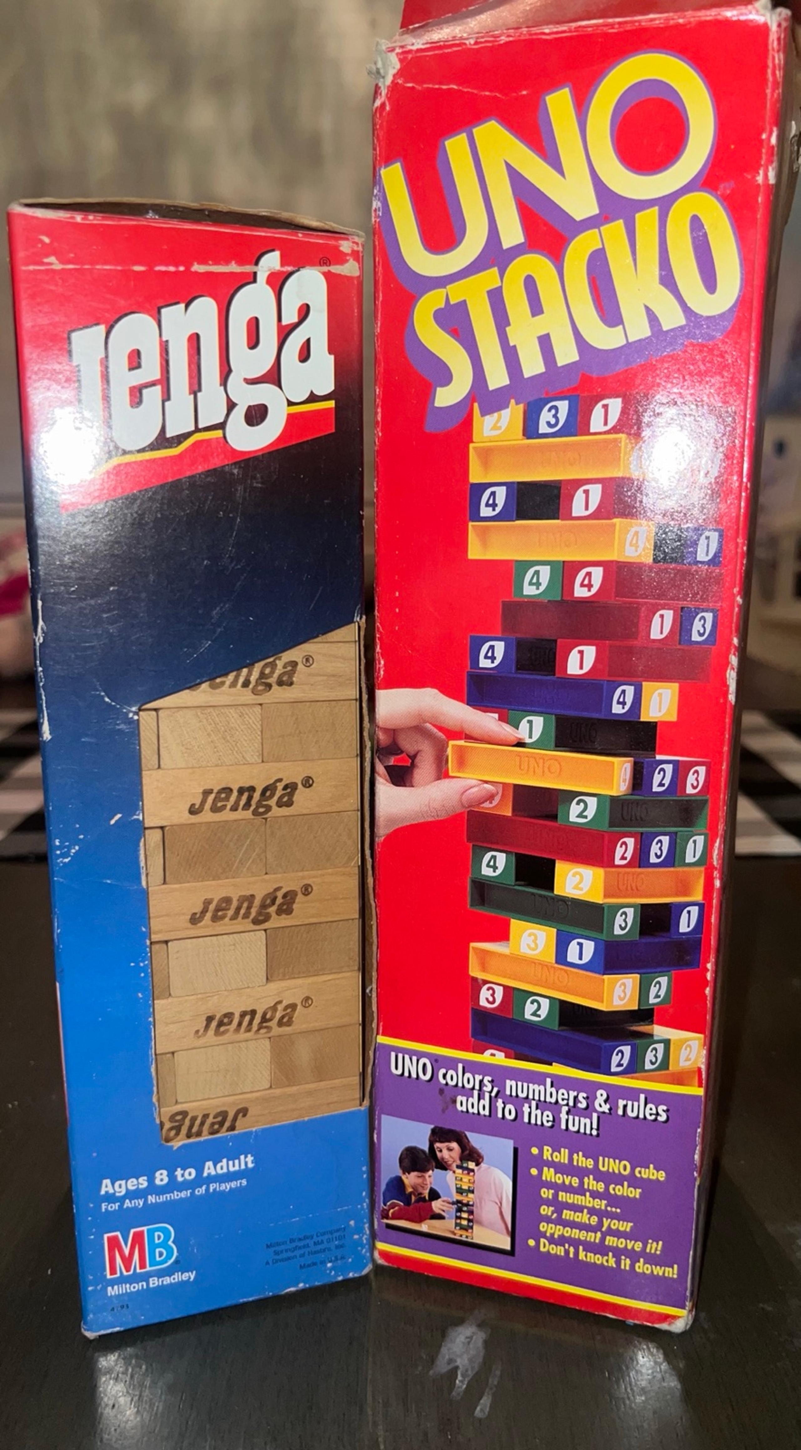 Vintage Games Jenga and Uno Stacko Family Game night Players