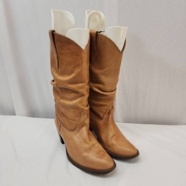 Nine West Size 7.5 Marmaladx5 Tan Leather Slouch Round Toe Chunky Heel Western B