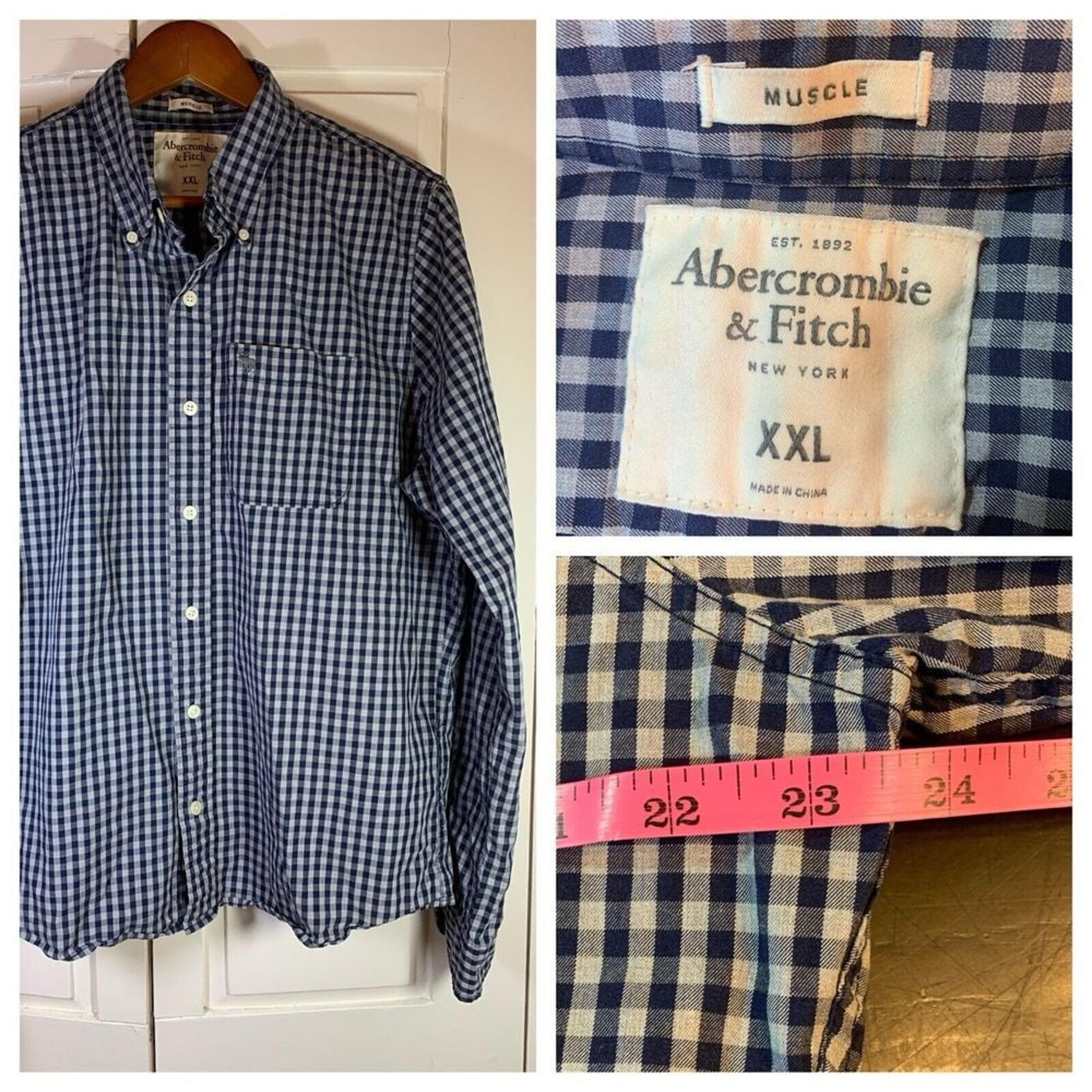 Abercrombie & Fitch Muscle Shirt Mens XXL 2XL Blue Gingham Long Sleeve Buttons