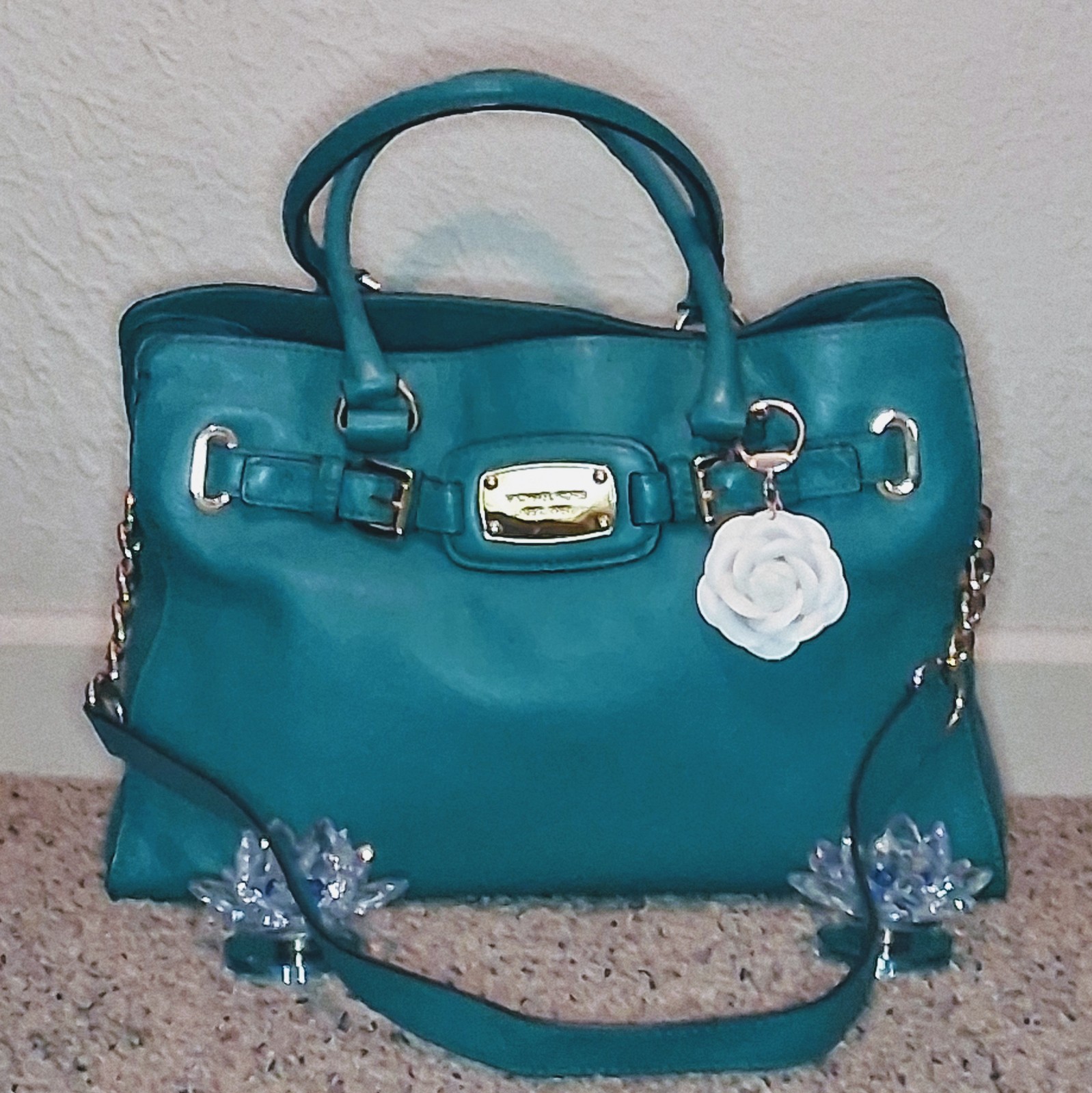 Michael Kors Hamilton EW East West Teal Blue Green Leather Satchel Tote Shoulder