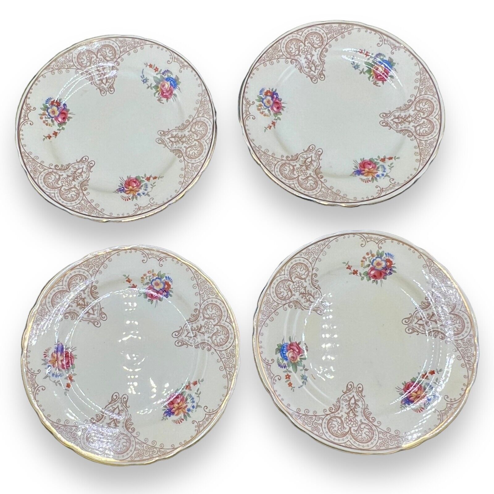 Aynsley Beige Pink Brown Floral Bone China Dessert Plates Set of 4 Gold Rim 1291