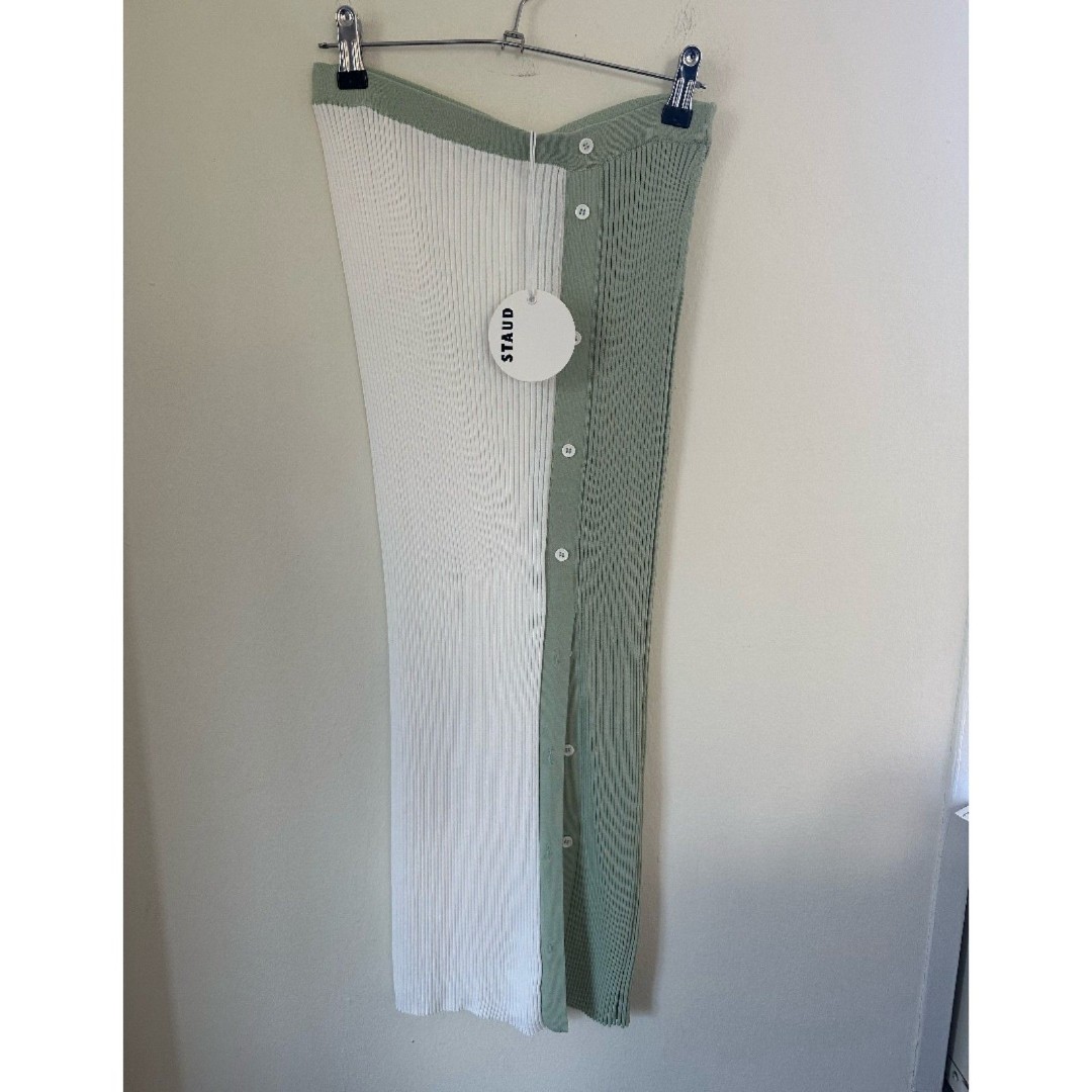 NEW Staud Ribbed Colorblock Midi Bodycon Skirt in Green/Cream