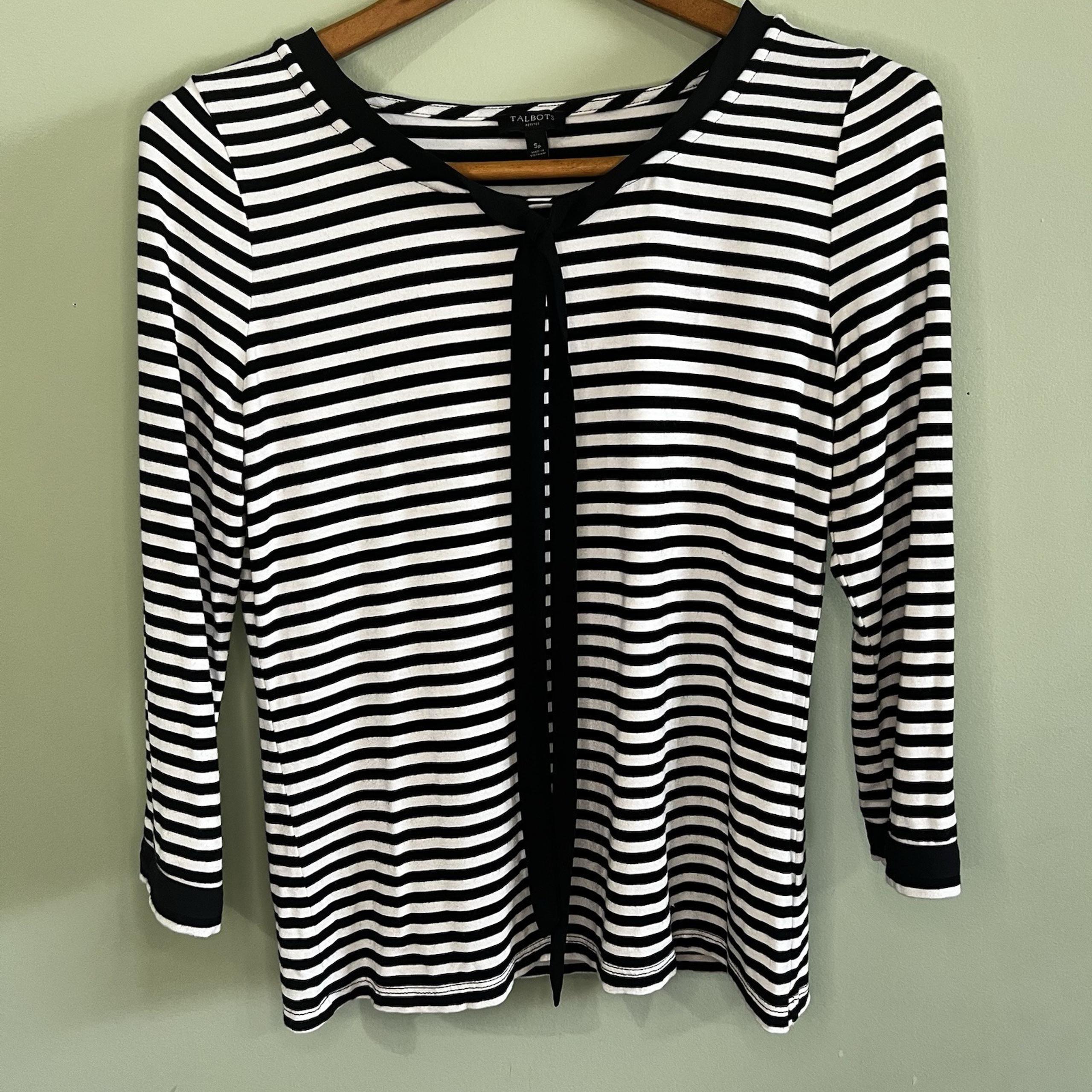 Talbots  Top Women Size  Small Petite Black  White Striped 3/4 Sleeve With Tie